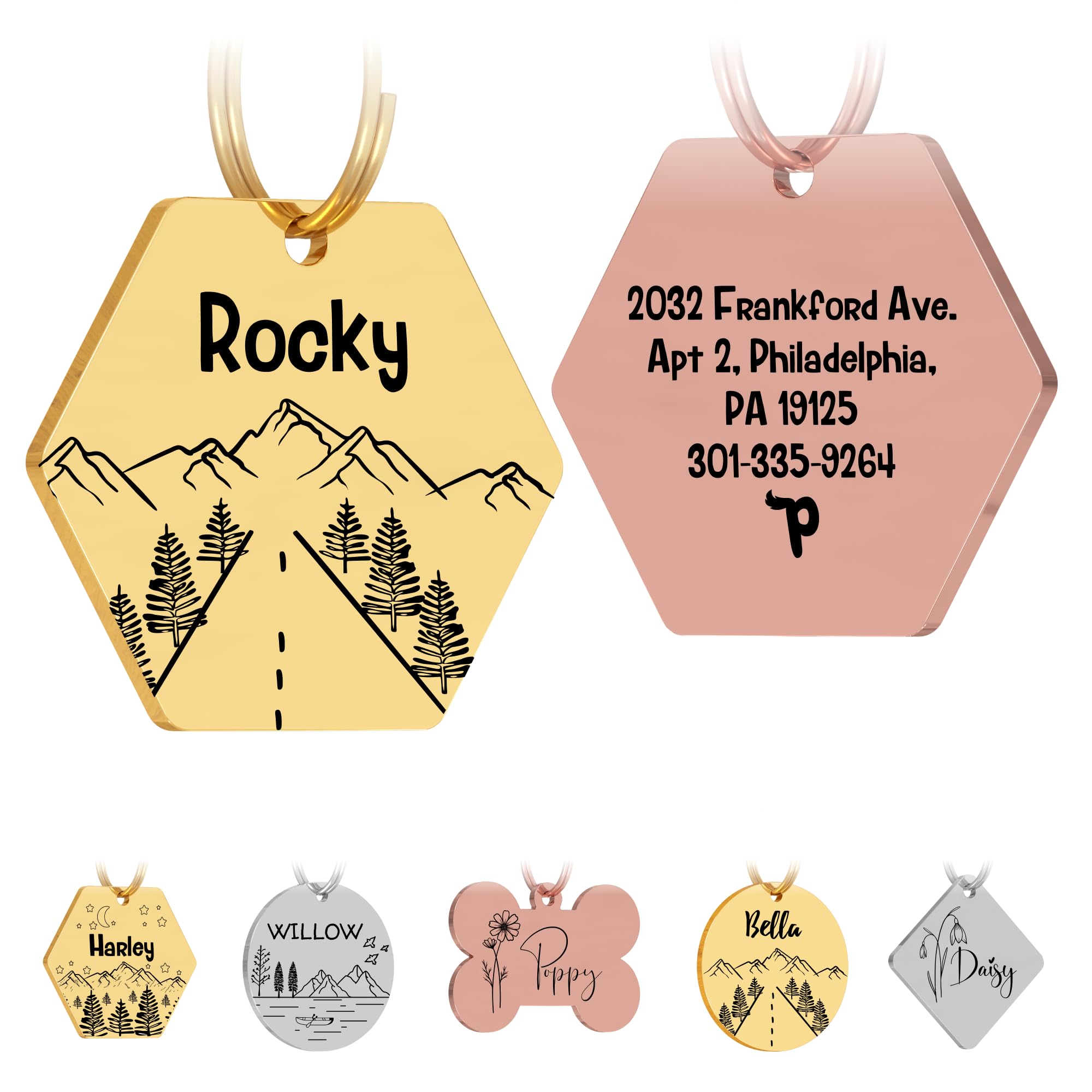 Stainless Steel Pet ID Tag Dog Tags | Personalized Dog Tags and Cat Tags | Customized Cat Tags Engraved Front & Back - Dark Etching Pet ID Tag Dog Tags Made in USA - PawFurEver (Hexagon, Gold)