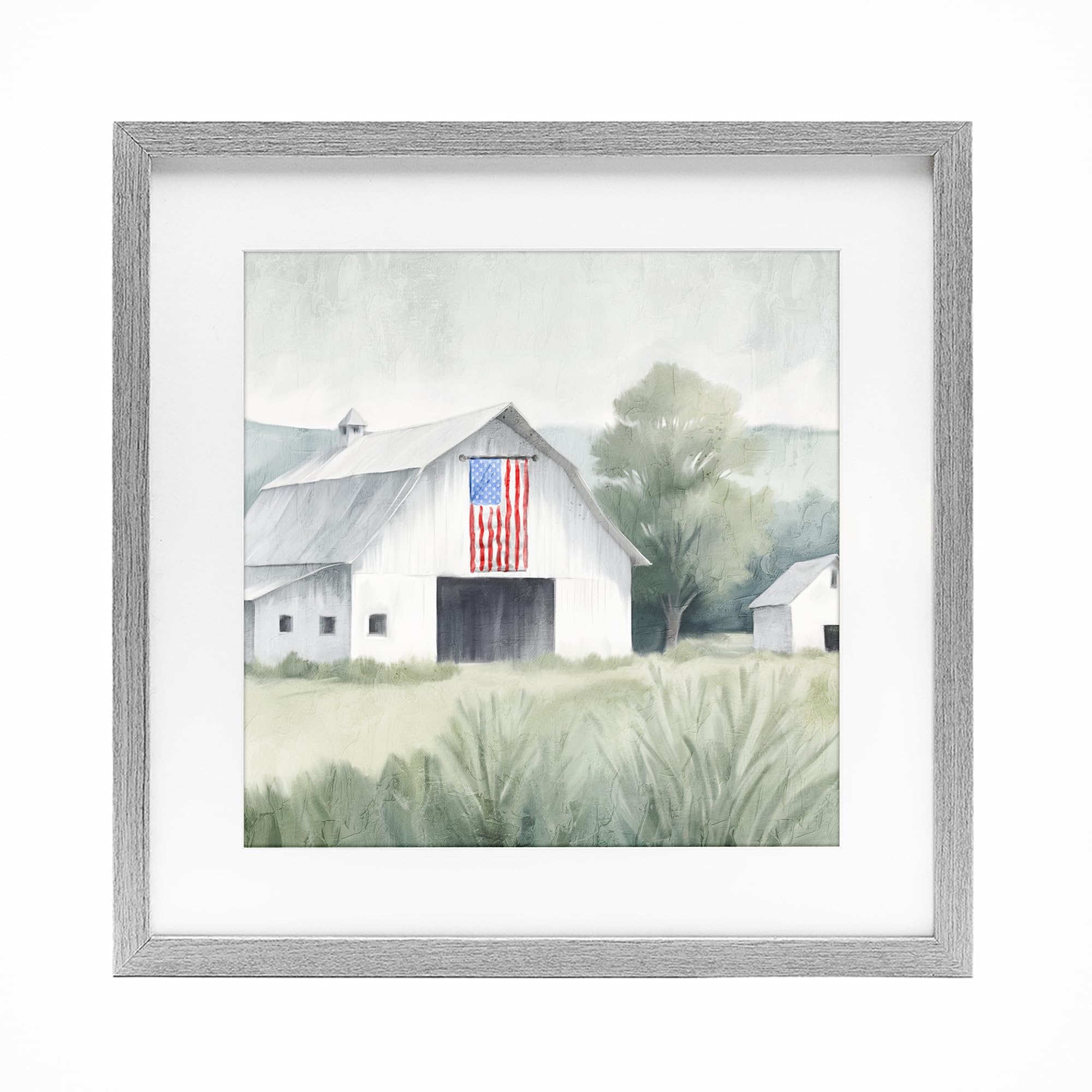 Stupell Industries Farmhouse Gray (Textured) Home Usa Flag Barn Farmhouse, 16 X 16 Inch Framed Print Under Glass