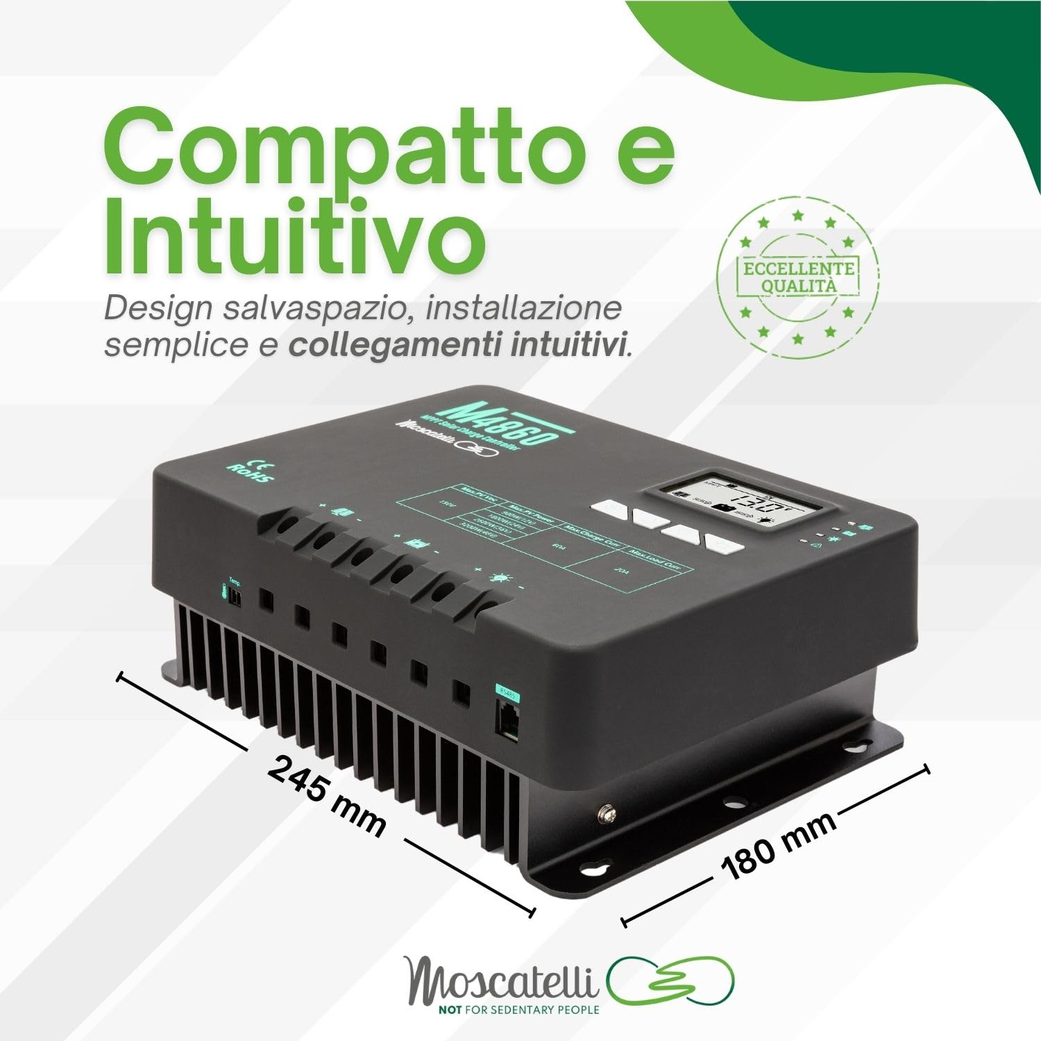 MOSCATELLI 60A Regolatore di Carica Pannello Solare MPPT – Compatibile con Batterie 12/24/36/48V Piombo, AGM, Gel e Litio – Ideale per Impianti Off Grid e Reti Isolate