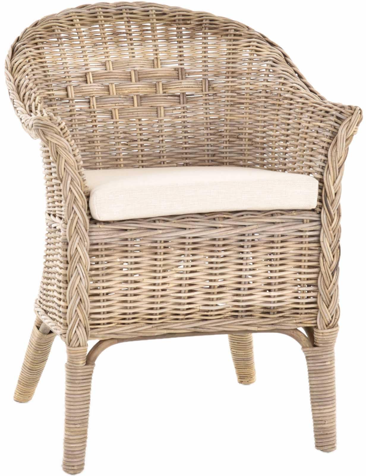 Fotel rattanowy naturalny/fotel do jadalni, kosz z tapicerką, beżowy/rattanowy, krzesło rattanowe z podłokietnikami, fotel pleciony (z tapicerką, szary, naturalny)