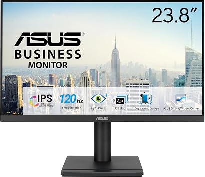 ASUS 24 1080P Business Monitor VA249QGS - IPS, Full HD, Frameless, 120Hz, Adaptive-Sync, 1ms, HDMI, DisplayPort, VGA, Eye Care, Low Blue Light, Ergonomic, VESA Wall Mountable,