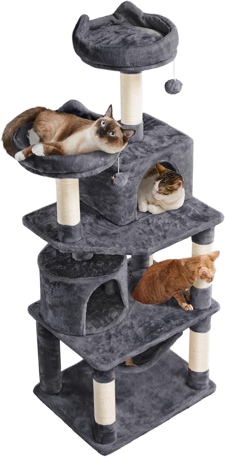 Topeakmart 62.2 inches Cat Tree with Double Condos, Scratching Posts & Hammock, Kitty Activity Tree Center Kitten Play House, Dark Gray