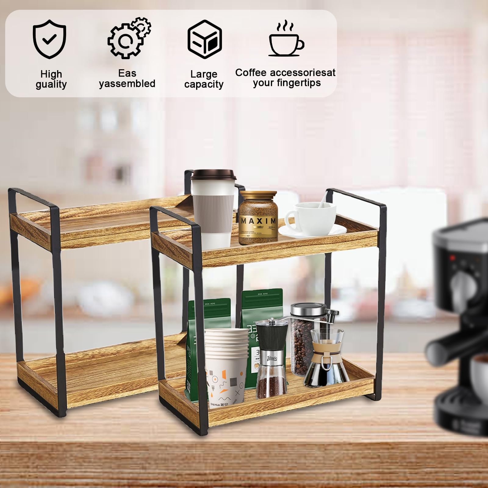 Gzsekken 2-Tier Coffee Bar Organiser, Minimalist Wooden Coffee Station, 2 Pack, Natural-2pack, 35cm x 17cm x 35cm - Image 4