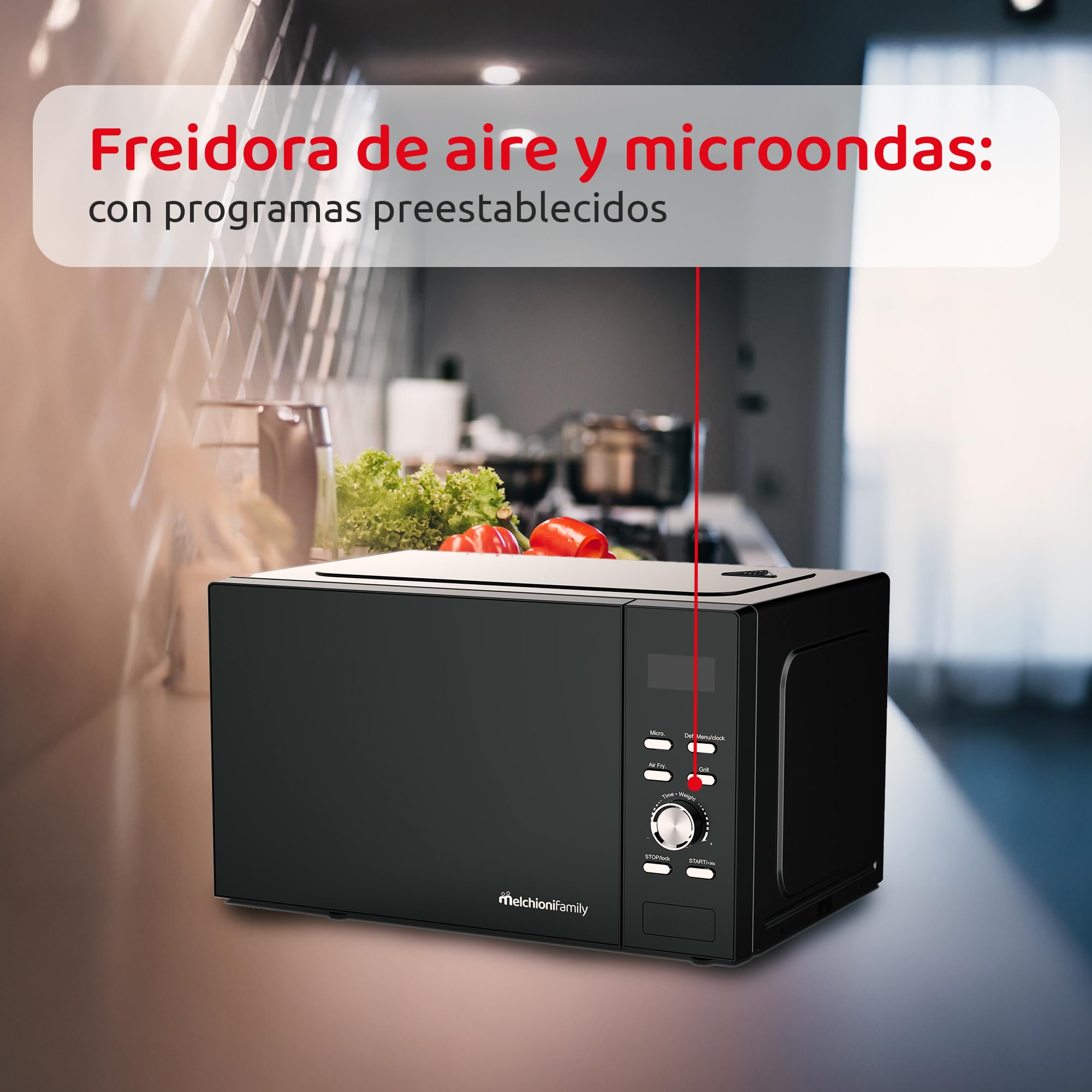 Melchioni Family | GOLIA Freidora de Aire & Microondas 2 en 1 con Grill, 23L, Pantalla Táctil, Temporizador, Luz Interna, Programas Preestablecidos, Cocción Rápida y Saludable