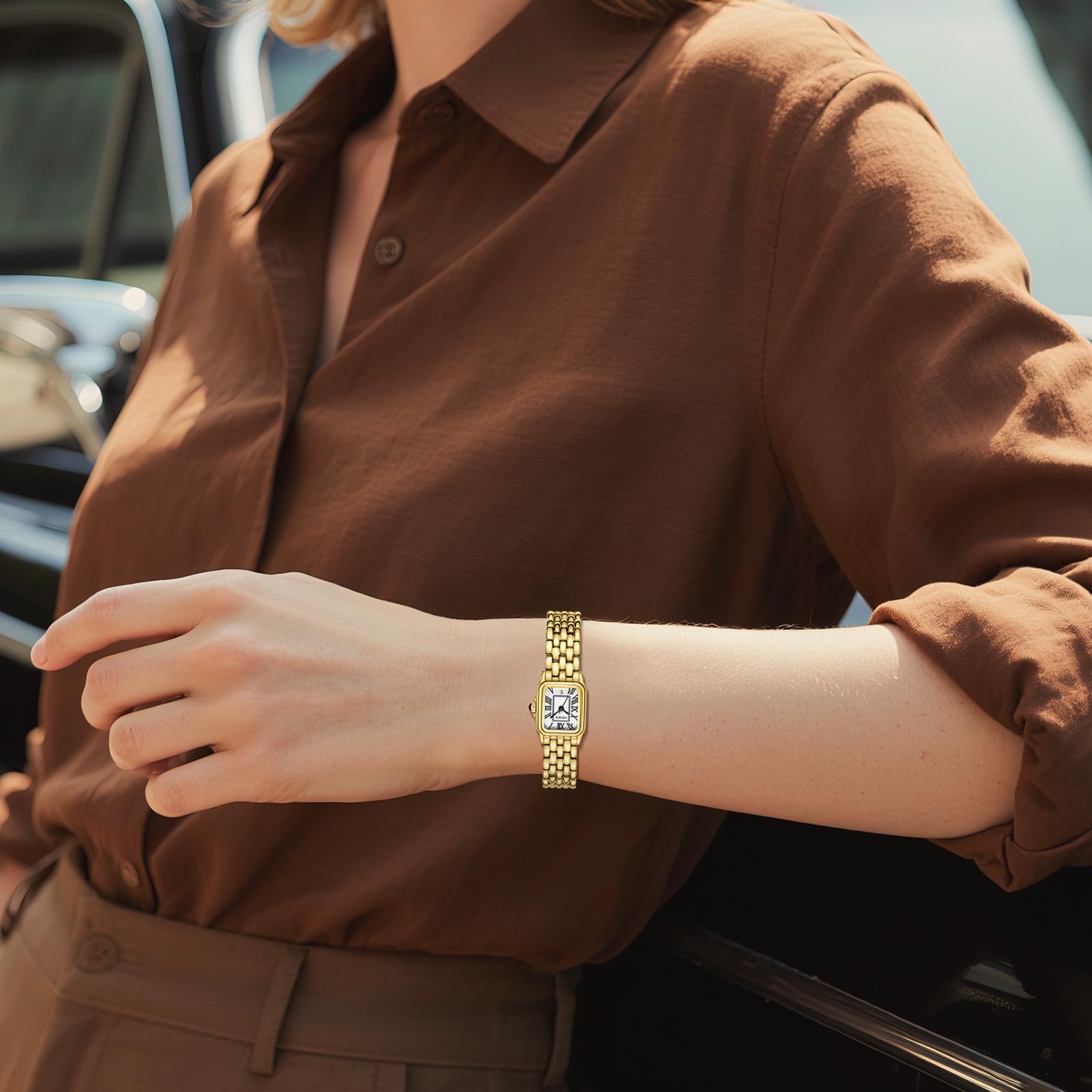 CNYXCN Relojes dorados para mujer con caja rectangular, esfera romana, pulsera vintage, fecha automática, resistente al agua, herramienta de ajuste incluida