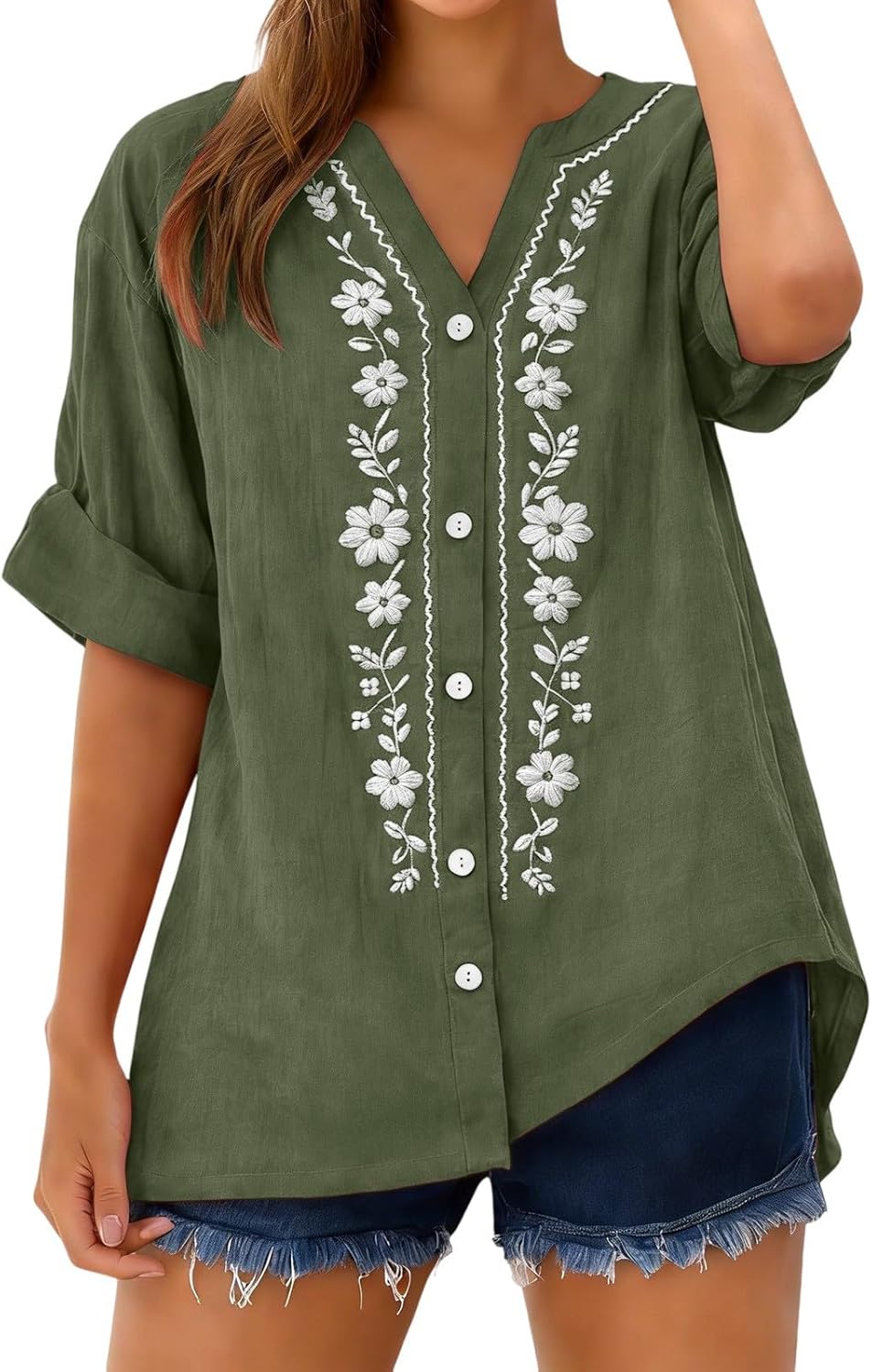 Linen Shirts for Women - Summer Plus Size Embroidered Tops 3/4 Sleeve V Neck Button Blouses Beach Vacation Clothes
