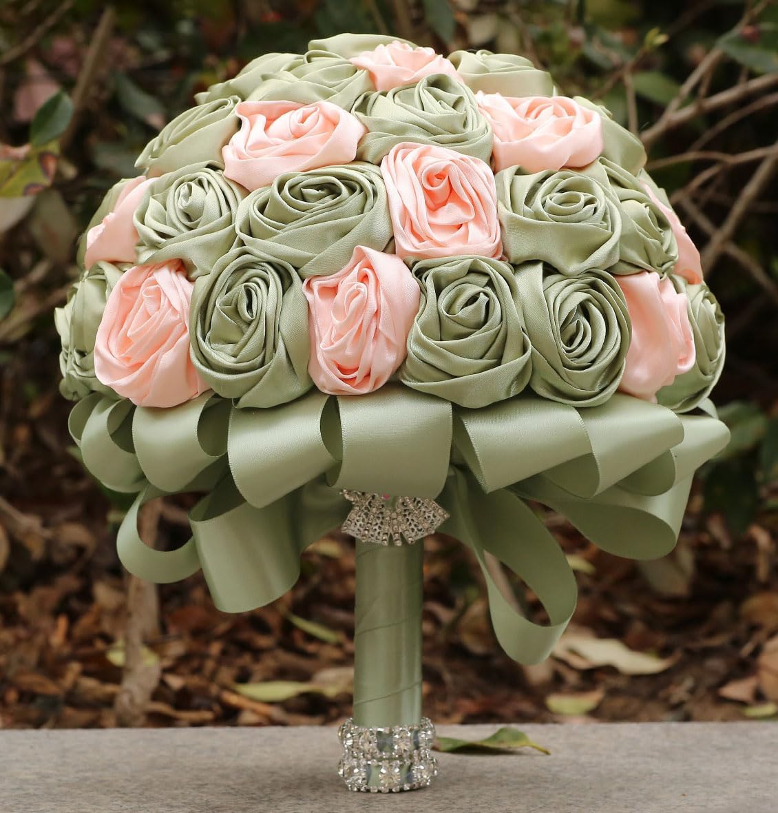 Handmade Wedding Flowers Bouquet Round Holding Bridal Bouquet Toss Artificial Rose Bunch for Bride Bridesmaid Wedding Quinceanera (Sage Green & Light Salmon Pink, 6.3")