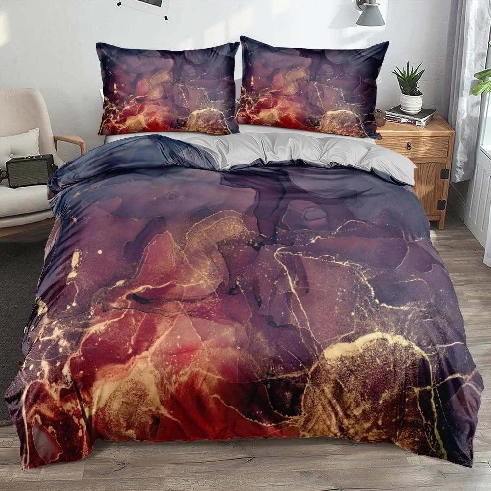 Housse de couette marbre violet rouge et parure de lit 140x200 design art abstrait moderne