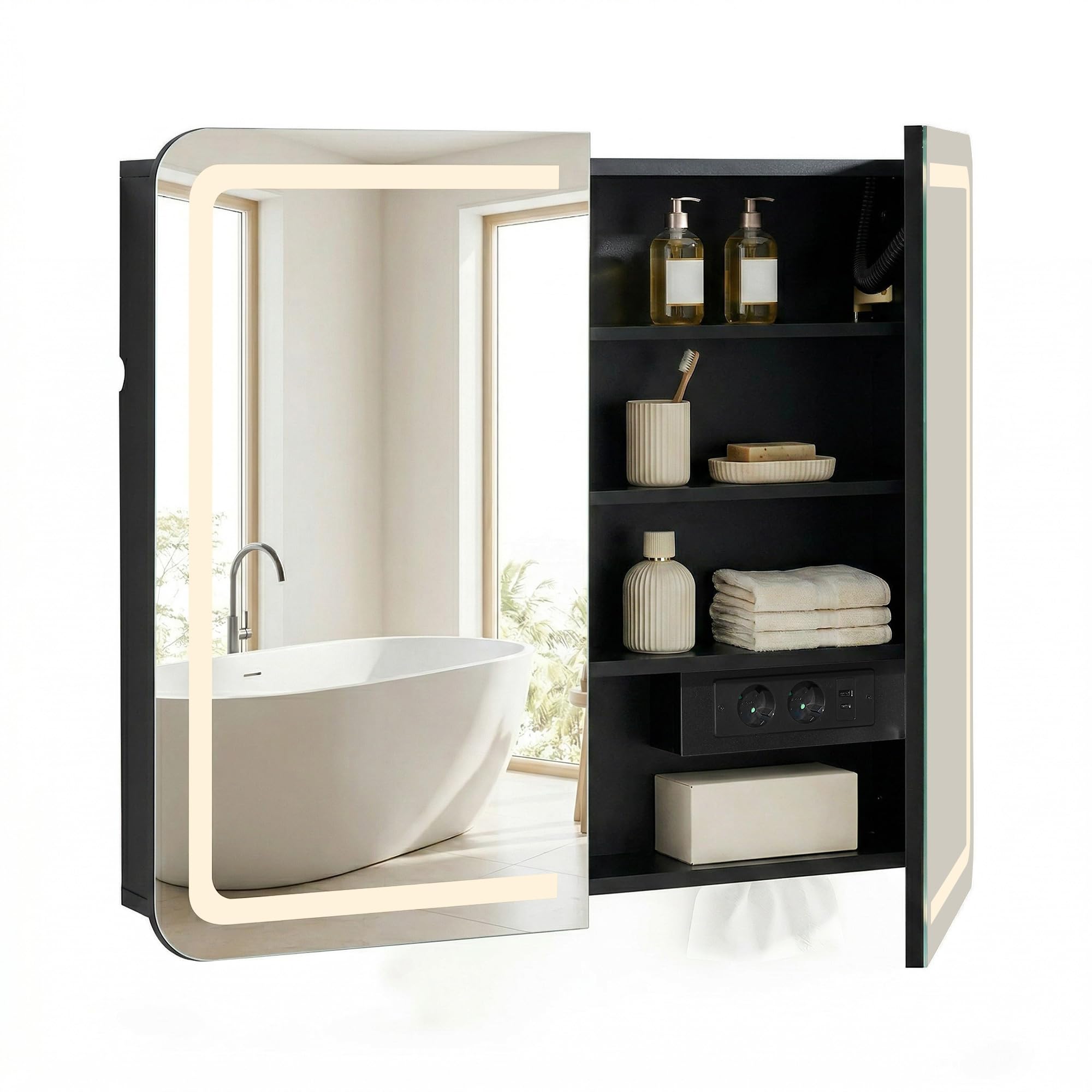 CLIPOP Spiegelschrank Bad mit Beleuchtung,Badezimmer spiegelschrank mit Spiegel und Steckdose, Entfogging-Funktion, badezimmerschrank mit 2 Türen, 80cm Breite,Öffnung für Taschentuchboxen,Schwarz