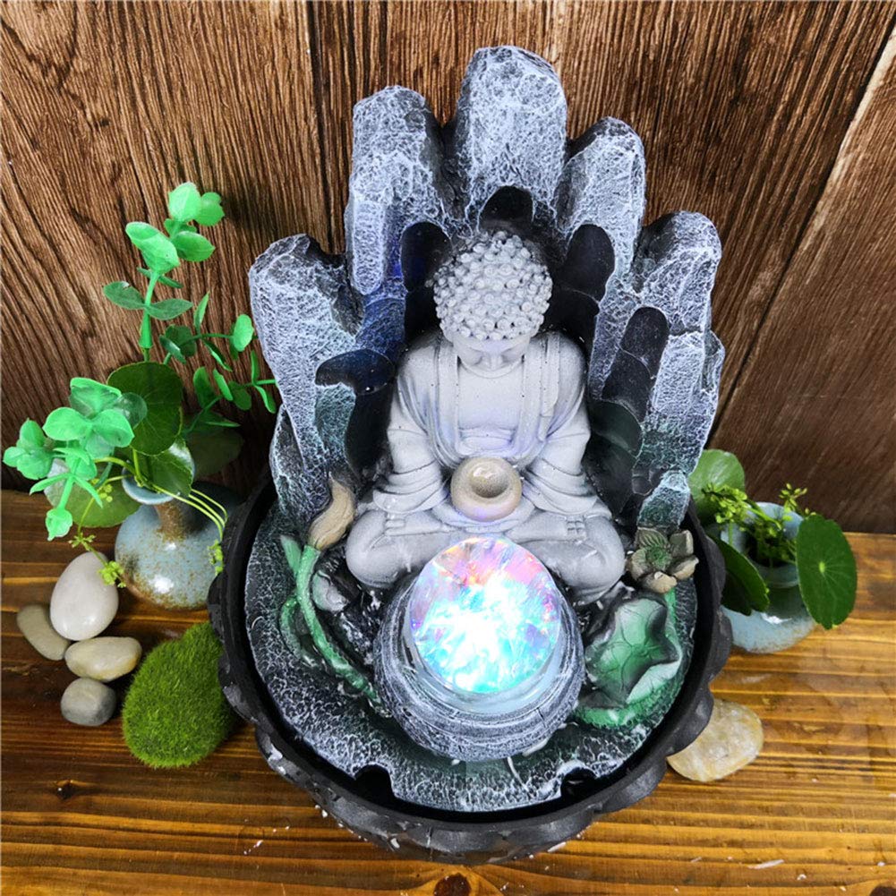 Fontaine de Bureau en Forme de Bouddha, Décoration élégante en Résine LED avec Lumière pour Salon, Chambre à Coucher, Décoration D'intérieur, Taille 20,5 X 20,5 X 26, Cm (Prise UE 220)