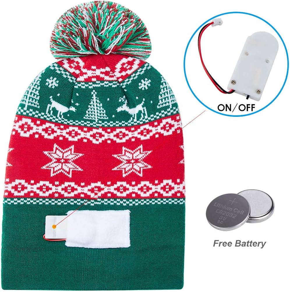 RAISEVERN Ugly LED Christmas Hat Light Up Holiday Cool Cute Jingle My Balls Reindeer Tree Snowflake Green Red Knitted Pompom Cap Funny Sweater Beanie Hats for Family Festival Merry Xmas Party : Clothing, Shoes & Jewelry