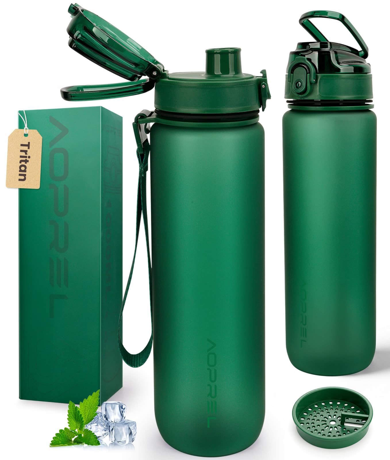 Aoprel Military Green Leakproof Water Bottle 1L/650Ml With Time Marker, Bpa-Free Tritan