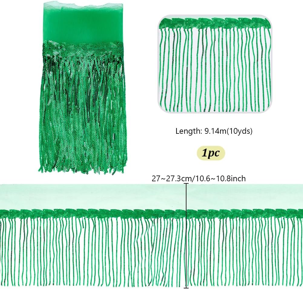 PH PandaHall 7 Yards Sewing Fringe Trim Sequin Lace Fringe Trim Tassel Fabric Leaf Lace Trim 10.6" Sparkly Sequin Tassel for Sewing Clothing DIY Craft Garment Curtain Dress, Green