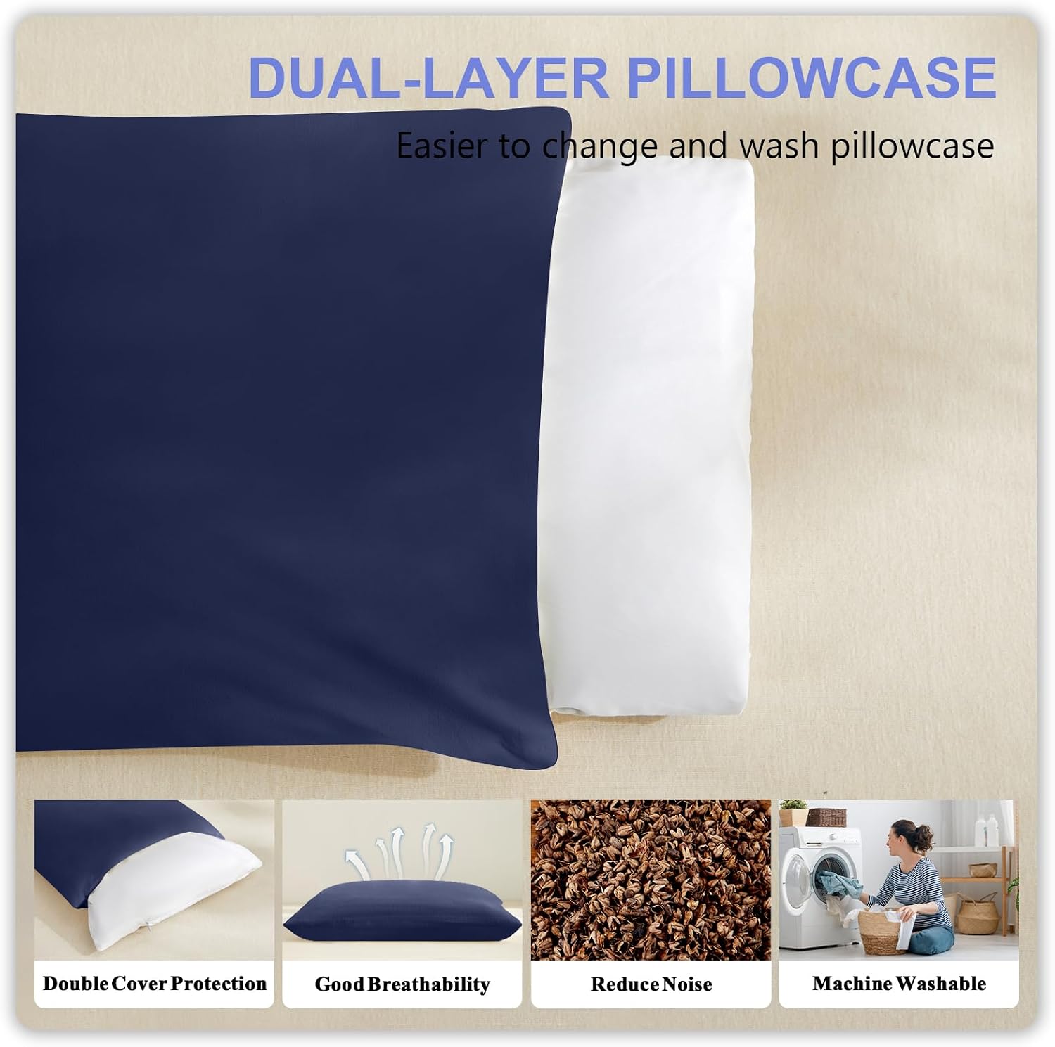 MIOTO Organic Buckwheat Pillow for Sleeping with Dual-Layer Pillowcase and Extra Tartary Buckwheat Hulls, Adjust Height and Firmness, Neck Support Pillow for Back and Side Sleepers 14"x20", Navy Blue