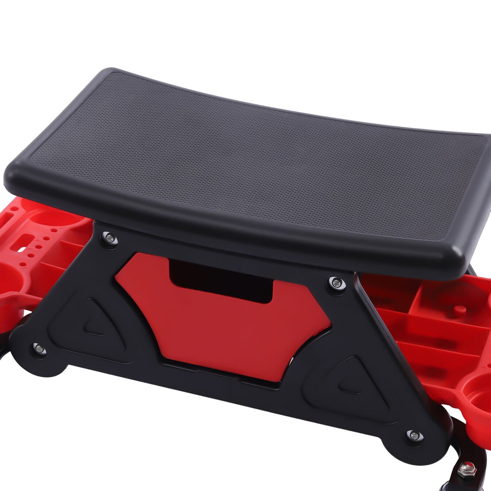Taburete de taller de 150 kg, asiento de taller, asiento con ruedas, taburete de trabajo con ruedas de 360°, bandeja de herramientas para el taller de automóviles, garajes, talleres