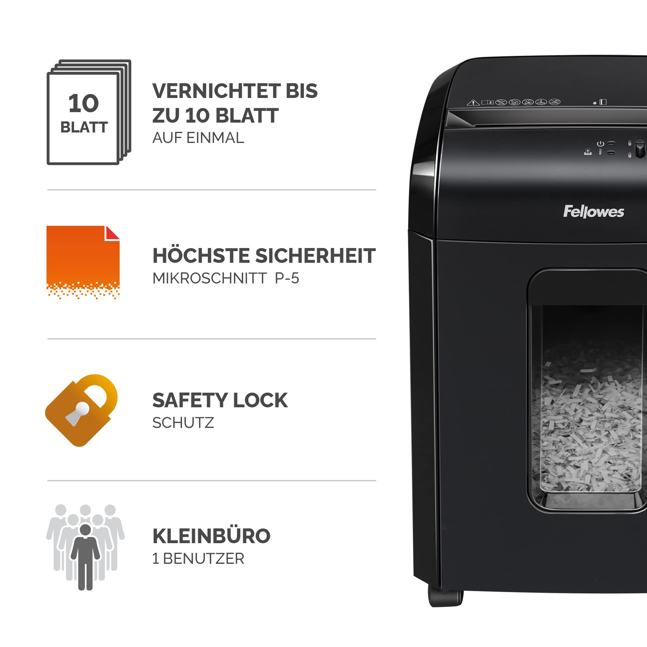 Sicherheitsstufe P5 Aktenvernichter: Fellowes Microcut (2000+ Partikel/A4), 10 Blatt, Powershred 10M, Büro/Homeoffice, 19L Papierkorb, Sicherheitssperre, schwarz