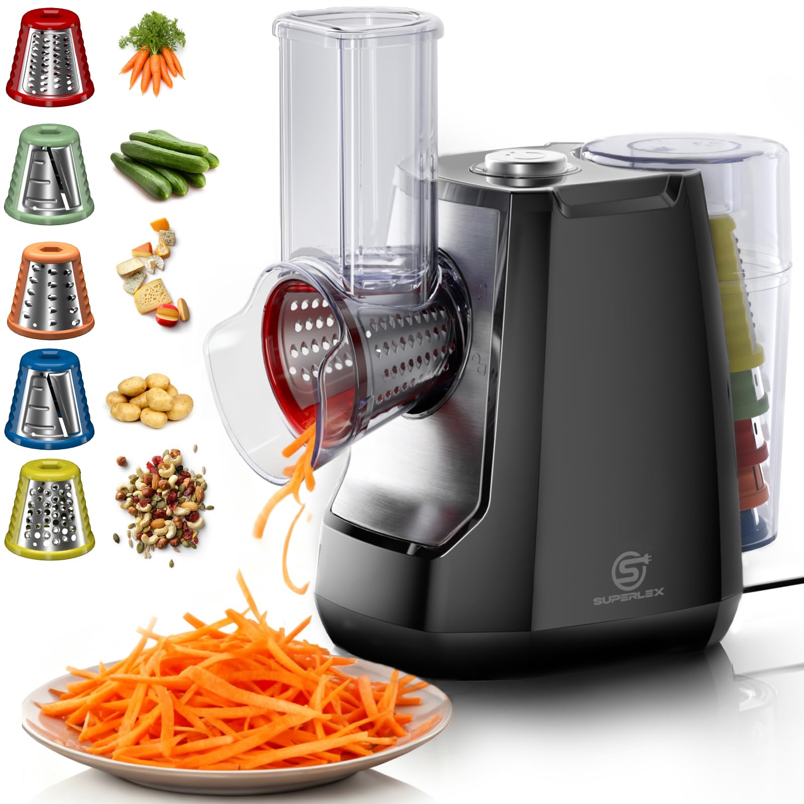Coupe-légumes Électrique 5-en-1 Râpe à Légumes avec 5 Lames de Tambour Interchangeables Râpe Électrique et Broyeur pour Fruits Légumes Fromage Fruits Noix Carottes Utilisation en un Clic Râpe
