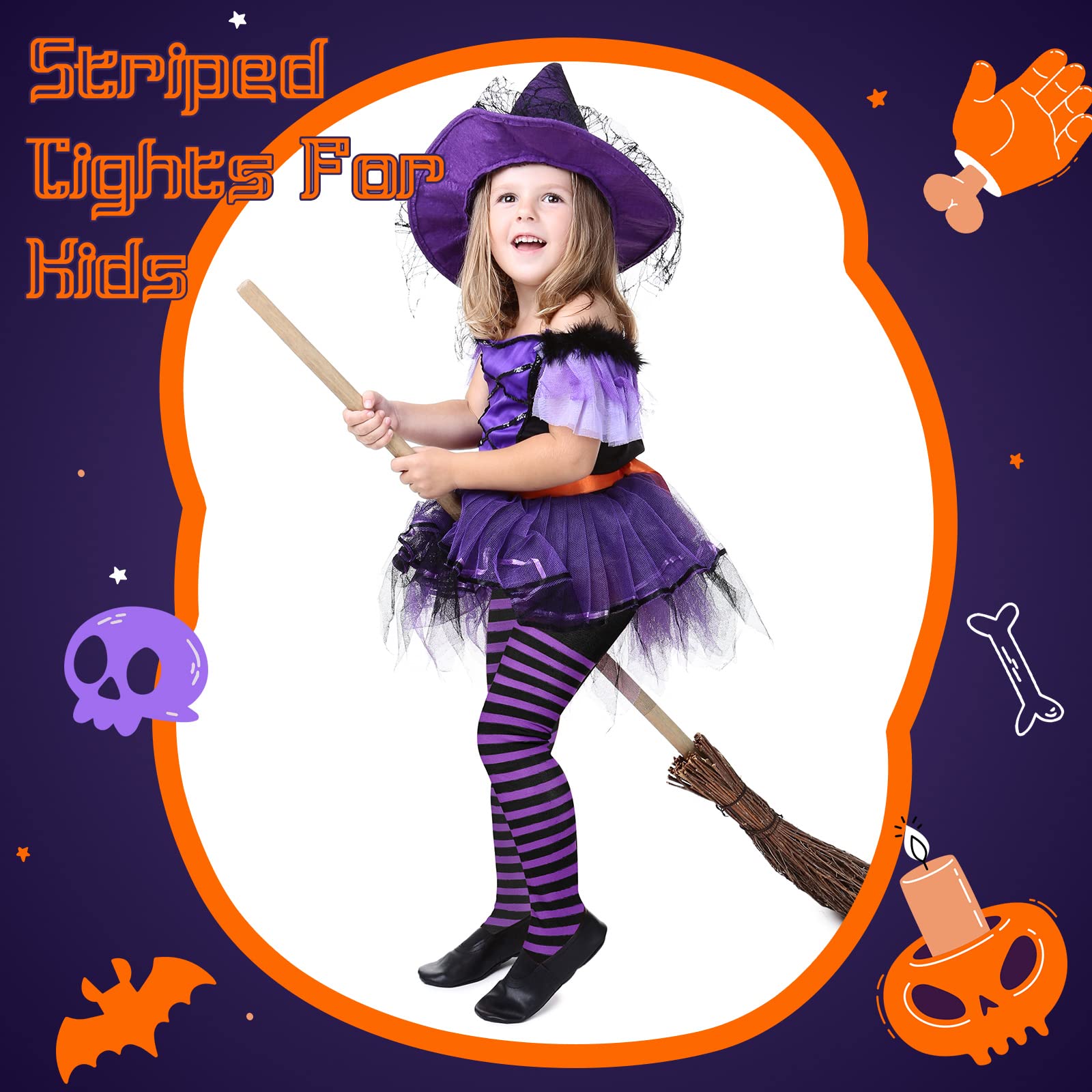 BBTO Halloween Kids Witch Tights for Girls Purple and Black Striped Tights Carnival Cosplay for Children Costume, Age 6-12 - Image 4
