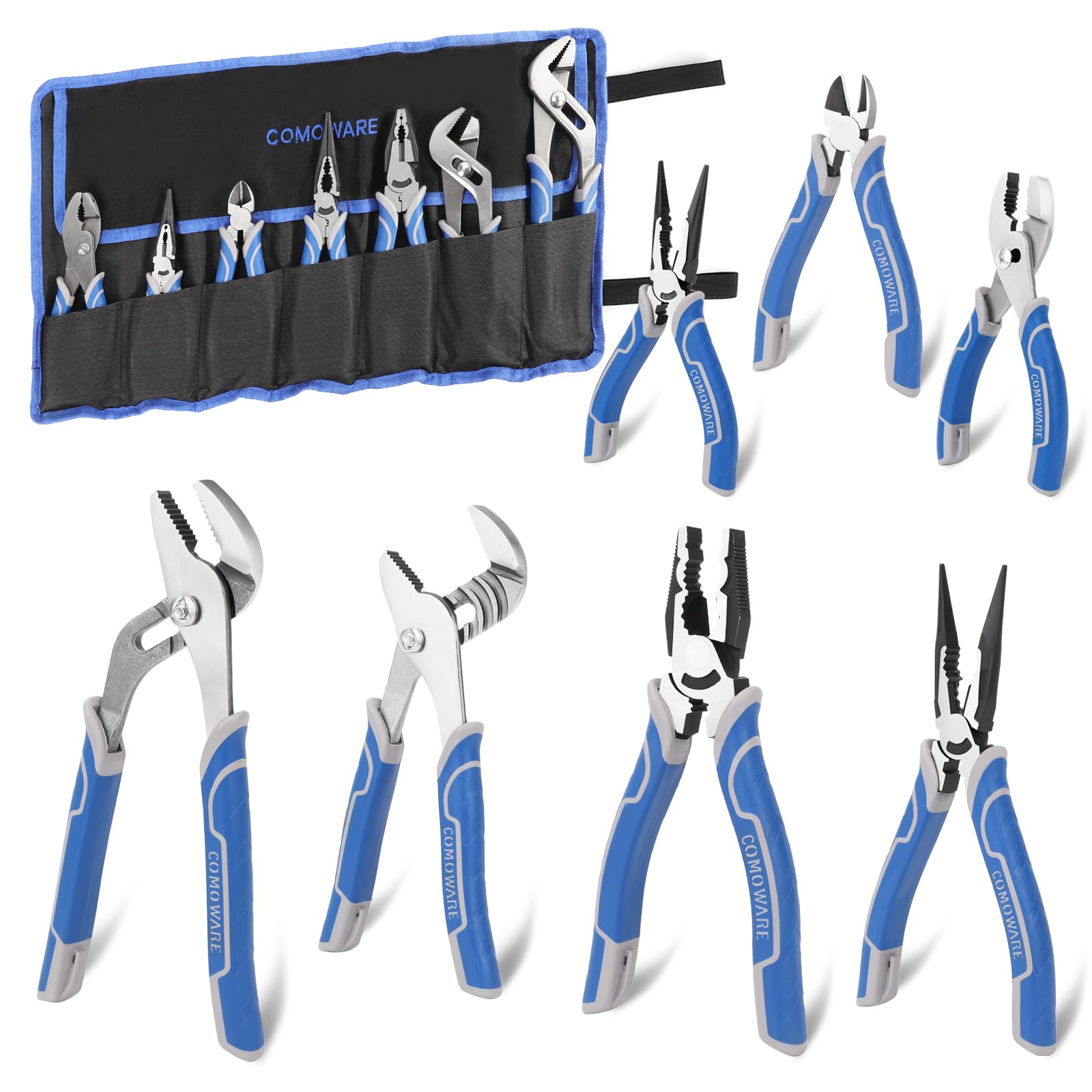 COMOWARE 7Pcs Pliers Set, Mechanic Plier with Rolling Pouch, 10", 8" Groove Joint Pliers, 8" Adjustable Wrench, 8" Linesman, 6" Long Needle Nose, 6"