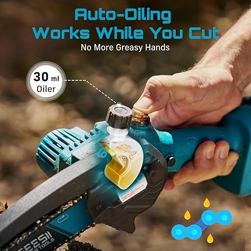 Miniatura 3 de SEESII Mini motosierra inalámbrica de 6 pulgadas, motosierra inalámbrica con 2 baterías de 2000 mAh, sistema de engrasador y cadena de repuesto,