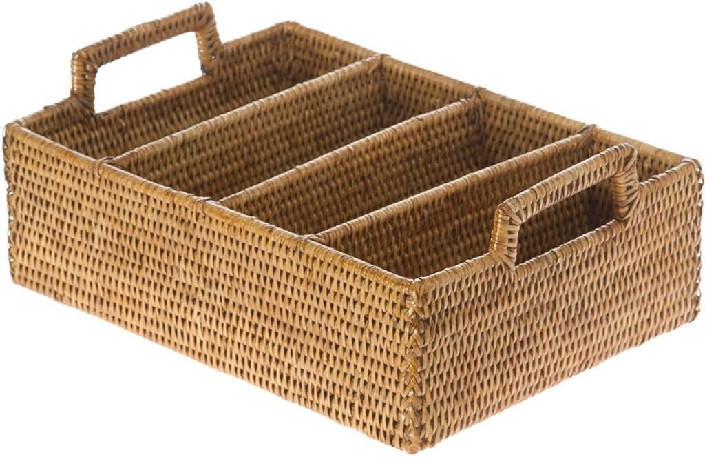 KOUBOO La Jolla Rattan Wicker Flatware Silverware Tray, Cutlery Drawer with Dividers, Utensil Drawer Organizing, Home Essentials Shelf Basket with 4 Sections, Medium, Honey Brown