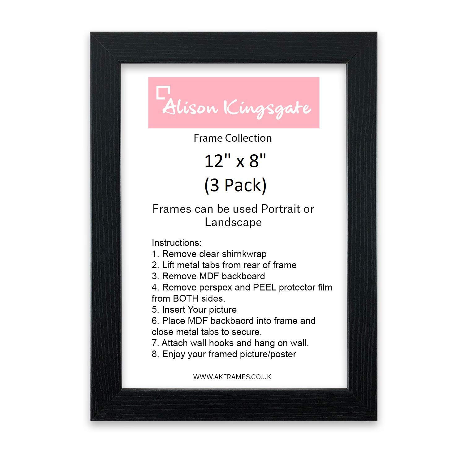 Pack of 3 12x8 Black Picture Frames With Clear Perspex Front & Wall Mount - Set of 3 Black 12" x 8" (30.5 x 20.3cm) Frames - Display Portrait & Landscape - Handmade Frames