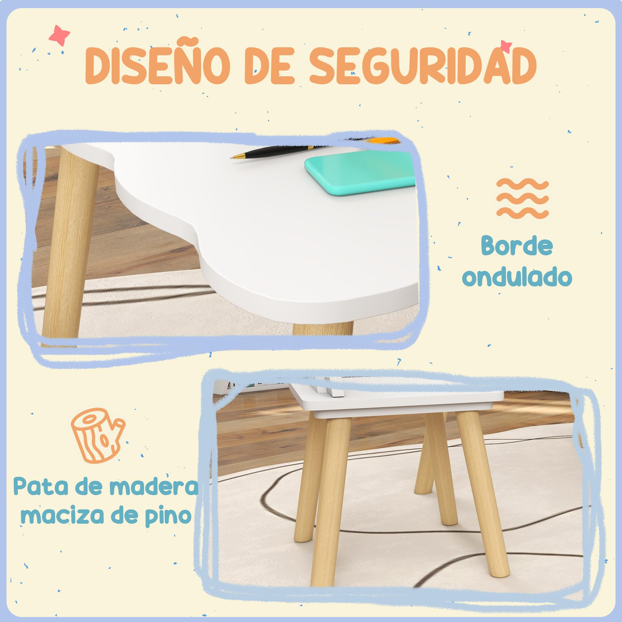 AIYAPLAY Mesa y Sillas Infantiles de 3 Piezas Mesa Infantil con 2 Sillas con Respaldo en Forma de Corona para Niños de 3-6 Años para Sala de Juegos Dormitorio Guardería Blanco