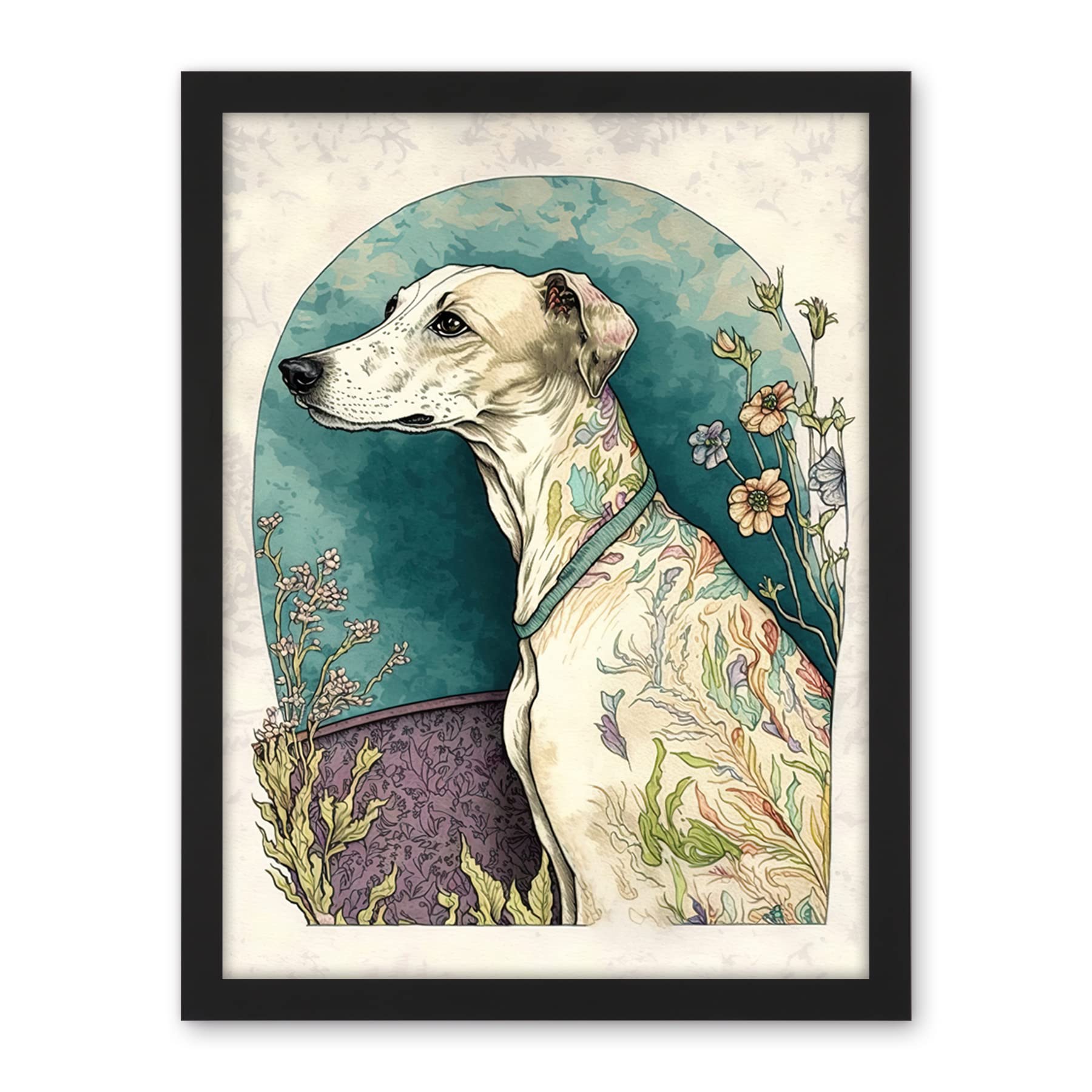 Artery8 Whippet Dog with Flowers Modern Multicoloured Watercolour Illustration Artwork Framed Wall Art Print 18X24 Inch