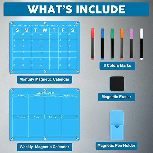 Miniatura 3 de Yeaqee Calendario mensual y semanal magnético acrílico para refrigerador, 2 piezas, tablero planificador reutilizable para refrigerador, incluye 6