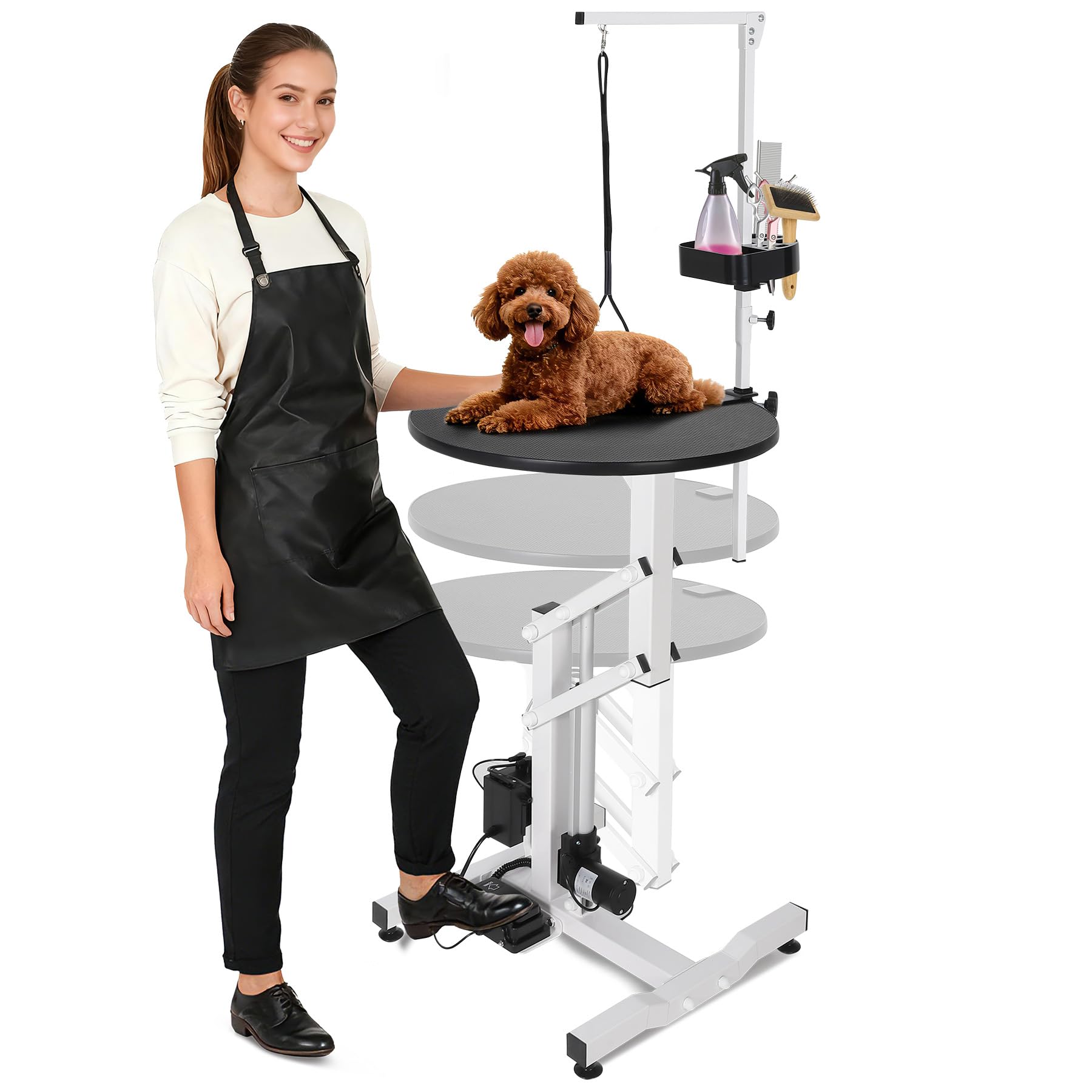 Tavolo elettrico per toelettatura cani da 61 cm, scrivania rotante per piccoli animali domestici, con braccio sopraelevato, telecomando a pedale, organizer per attrezzi, capacità 113,4 kg