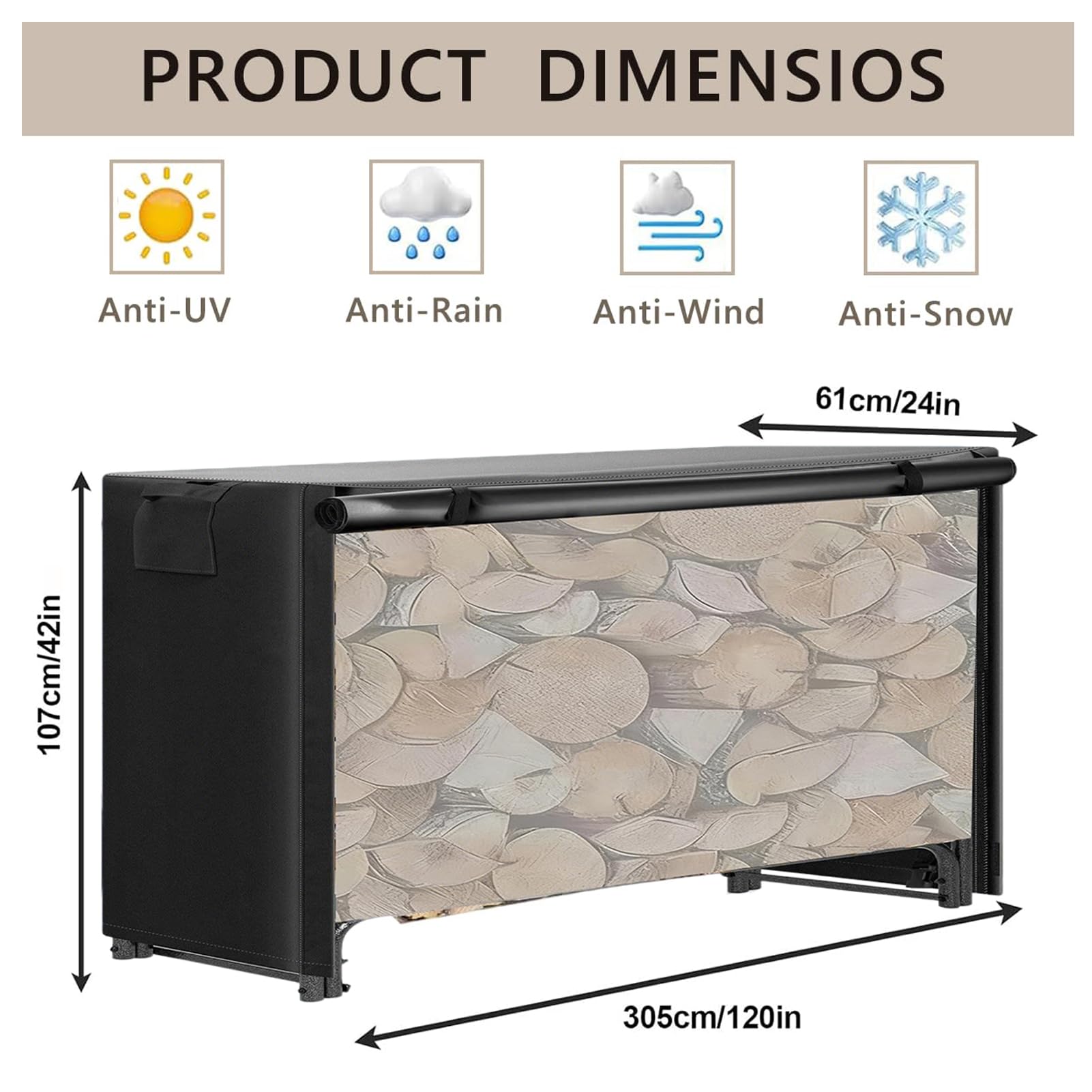 Housse imperméable pour étagère à bois de chauffage, rangement extérieur robuste avec fermeture éclair et bande auto-agrippante
