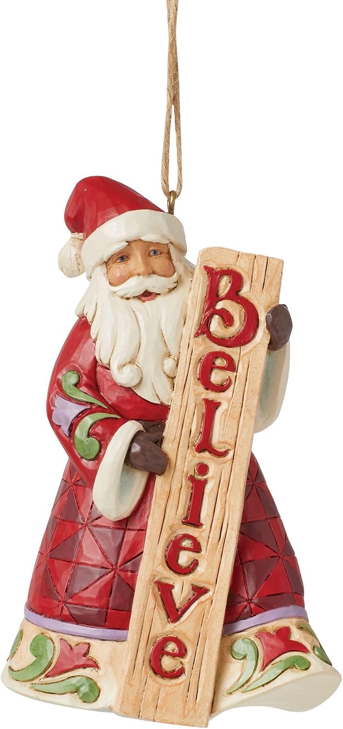 Enesco Jim Shore Heartwood Creek Santa with Believe Sign Hanging Ornament, 4.41 Inch, Multicolor