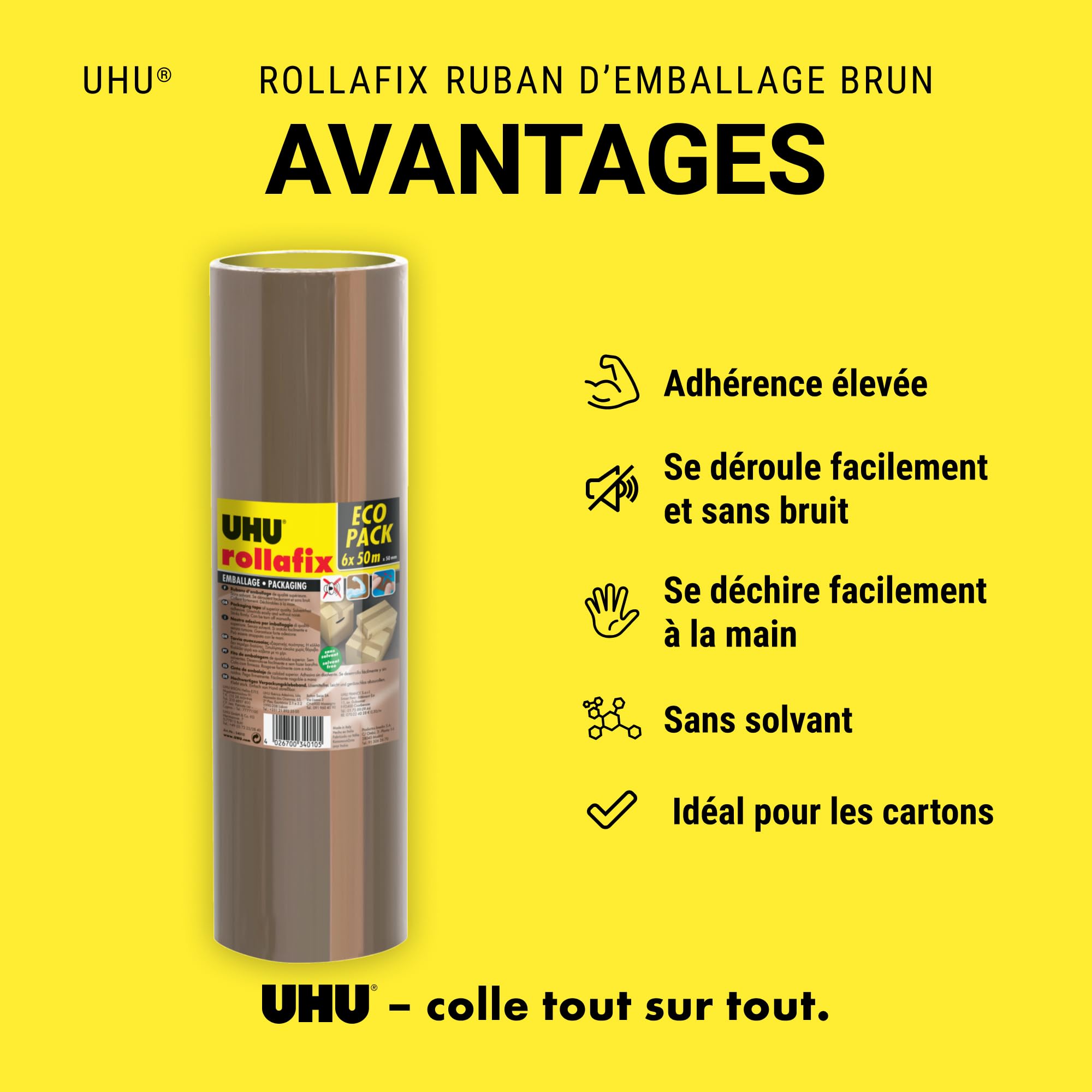 UHU Rollafix - Ruban Adhésif Marron - Emballage, Packaging - Adhérence Elevée - Sans Solvants - Se Déchire à la Main - Lot de 6 Rubans de 50 m x 50 mm
