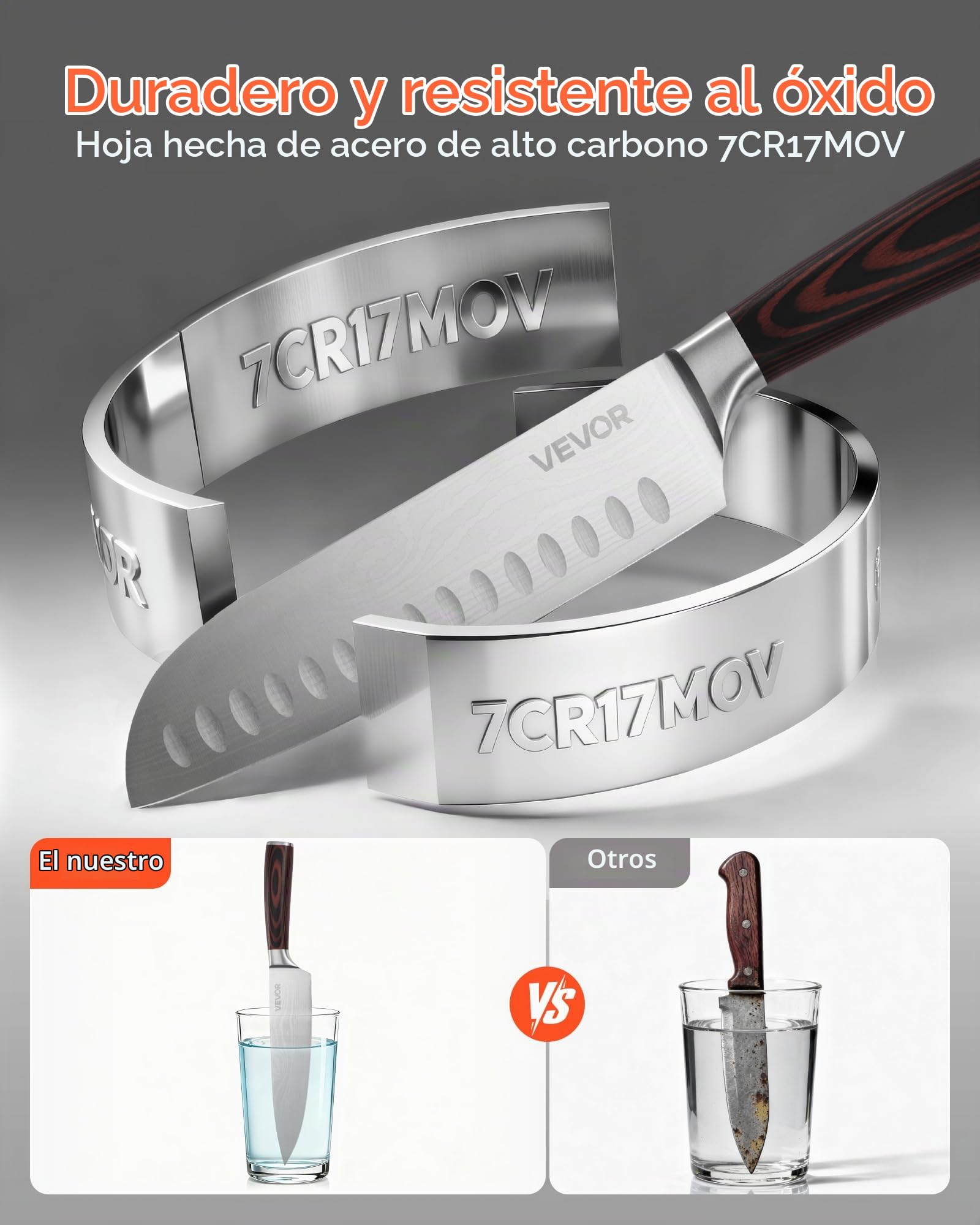 VEVOR Juego de Cuchillos de Acero Inoxidable de Alto Carbono, con Bloque de Madera y Afilador, 15 Piezas, con Mango Ergonómico, para el Hogar, Diseño con Bordes Redondeados, 131 x 195 x 345 mm