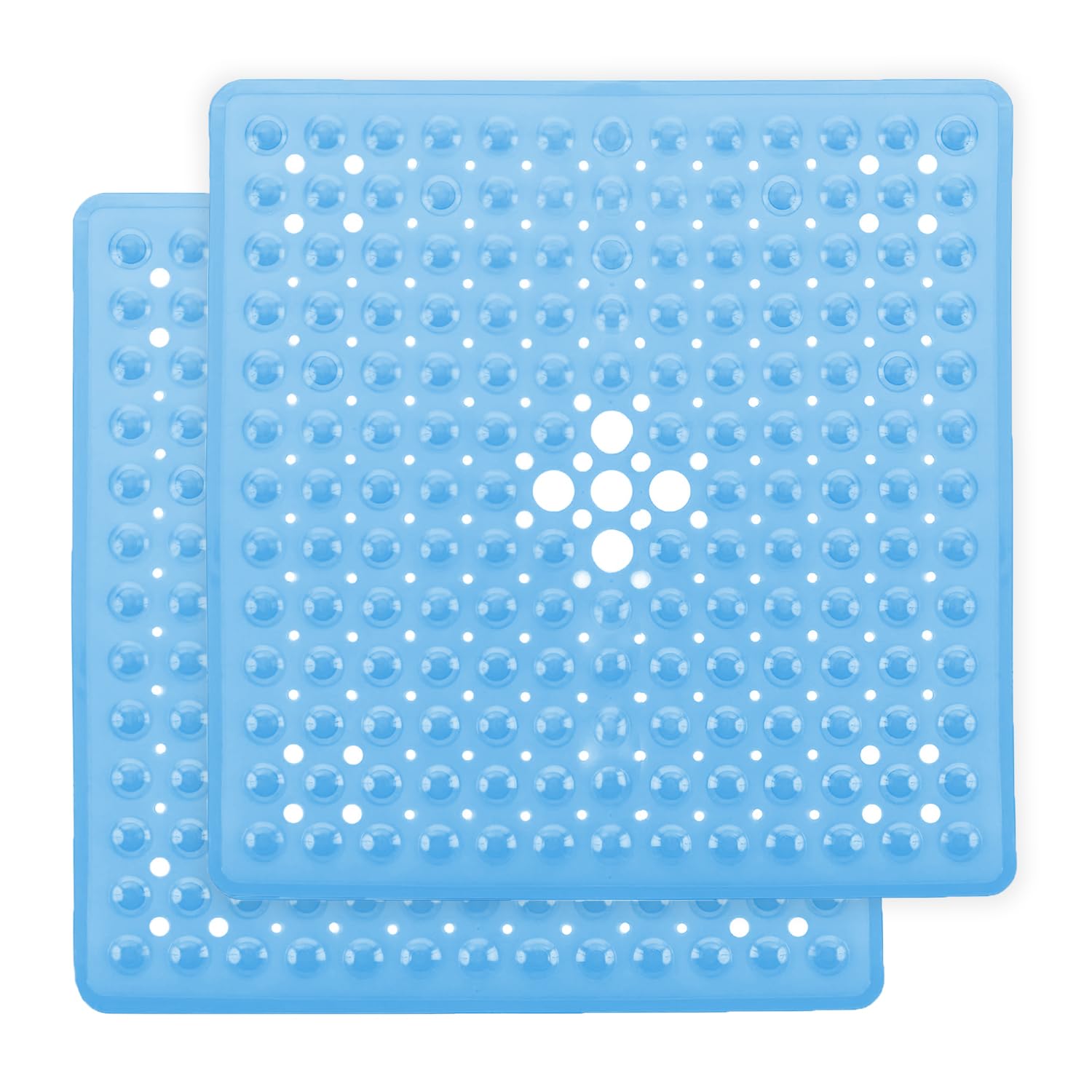 Yorkshire Bedding Blue Bath Mat Non Slip 2 Pack - 53X53cm Square Shower Mat With 164 Strong Suction Cups Grip And Drain Holes - Soft Rubber Bathroom Mats Machine Washable (Blue)