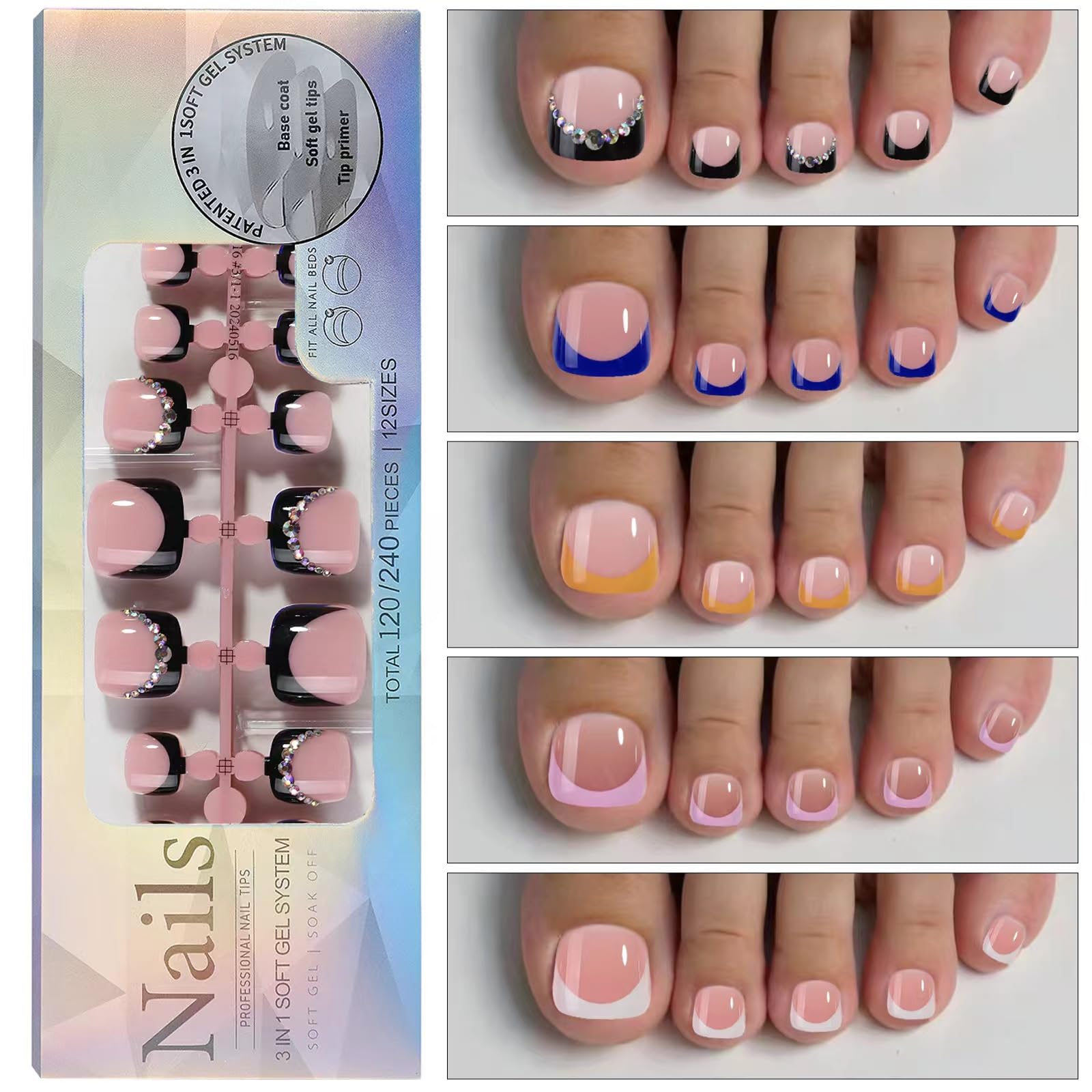 CHANGAR French Toe Nail Tips Press on Toenails?120Pcs 5 Style Soft Gel Toe Nail Press Ons Short Brighter French Toenail Tip for Women, Soak Off Fake Toe Nails Extensions (color 08)