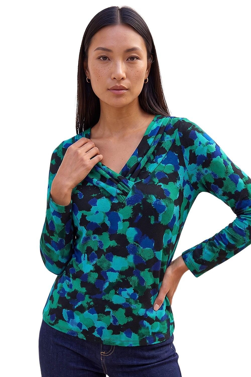 Roman Originals Women's Green Noir Roman Cowl Neck Top For Uk - Jersey Blouse Stretch Ruched Waist Flattering Smart Casual Formal Party Work Office Autumn Winter Shirt 3/4 Sleeve - Size 20
