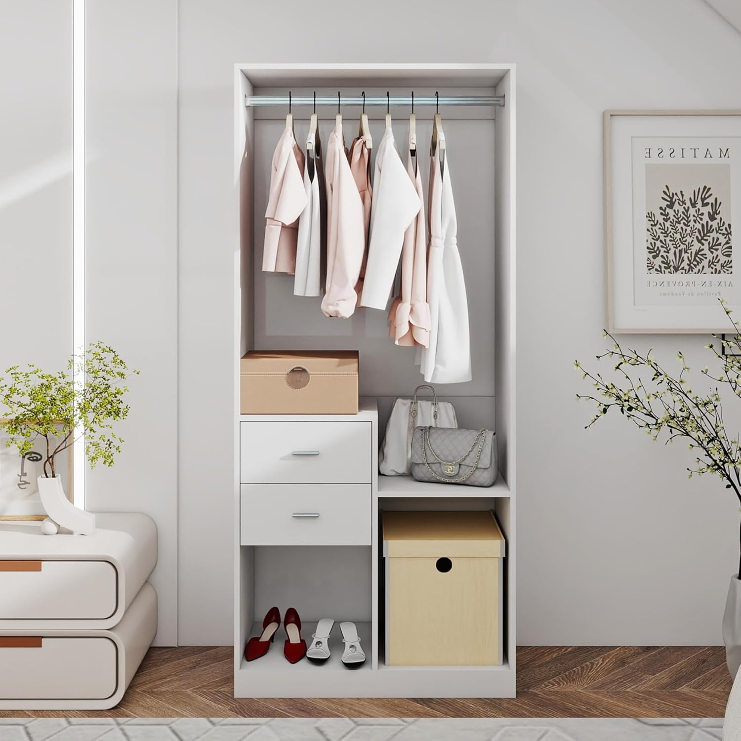 Freestanding Closet System: Stand-alone Closet System with Adjustable Garment Rack 2 Drawers and Hanging Rail for Bedroom White 31.5"W x 15.7"D x 70.8 "H