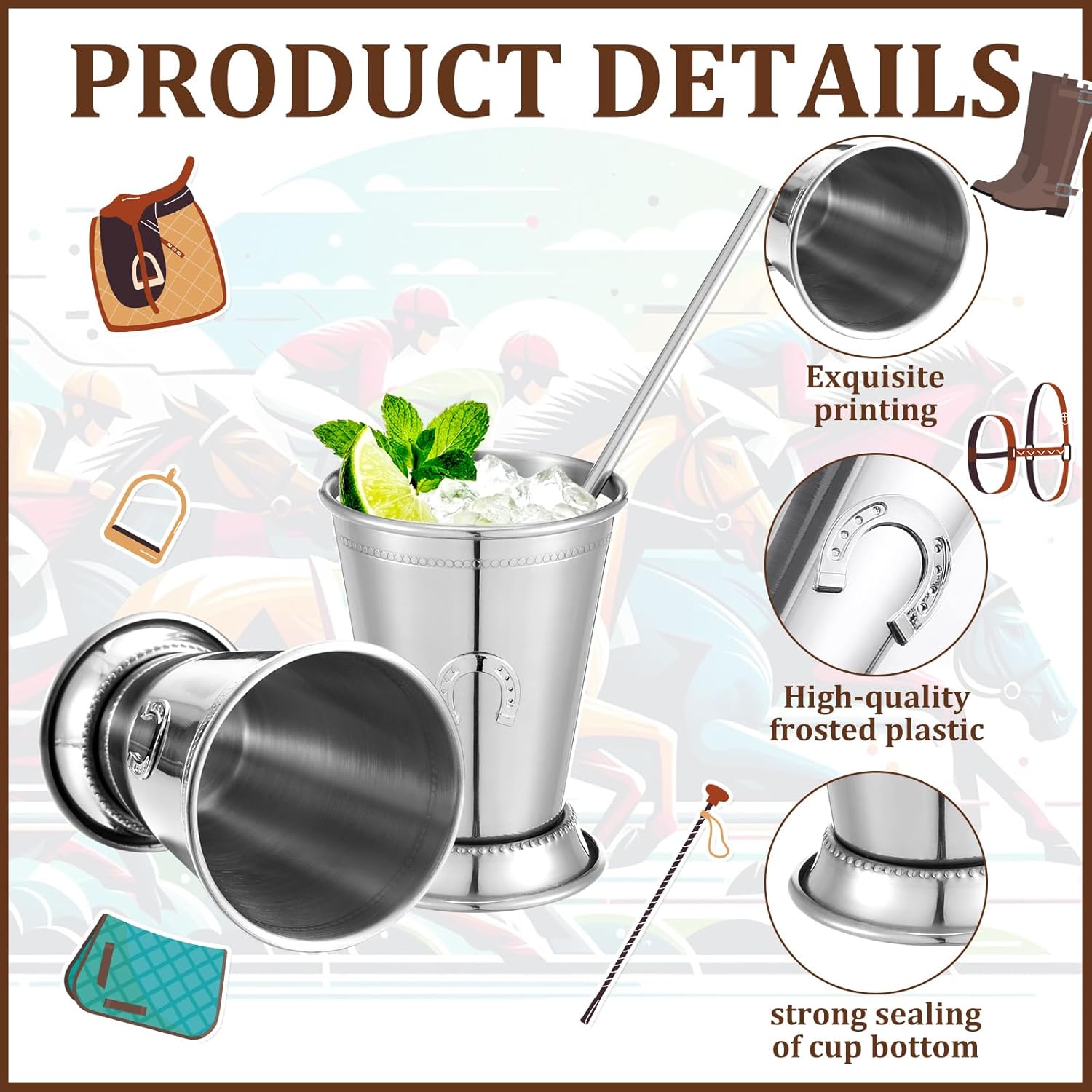 4 Pack Derby Mint Julep Cups with Straws 3D Horseshoe 12 oz Silver Classic Stainless Steel Beaded Trim Border and Cocktail Glasses for Derby Party Supplies Decorations (Silver)
