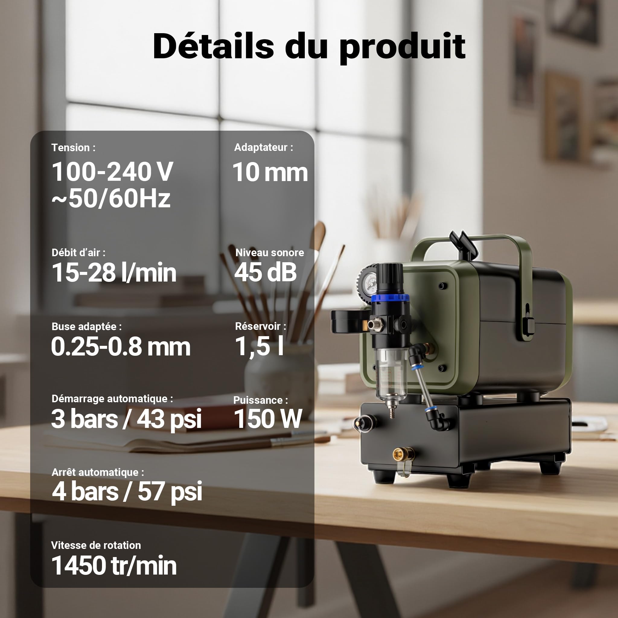 Wiltec Compresseur Airbrush HS-679F 1/6 CV, compresseur à air comprimé 28 l/min d'alimentation, compresseur pour pistolet aérographe avec support, compresseur d'air avec manomètre pour aérographie
