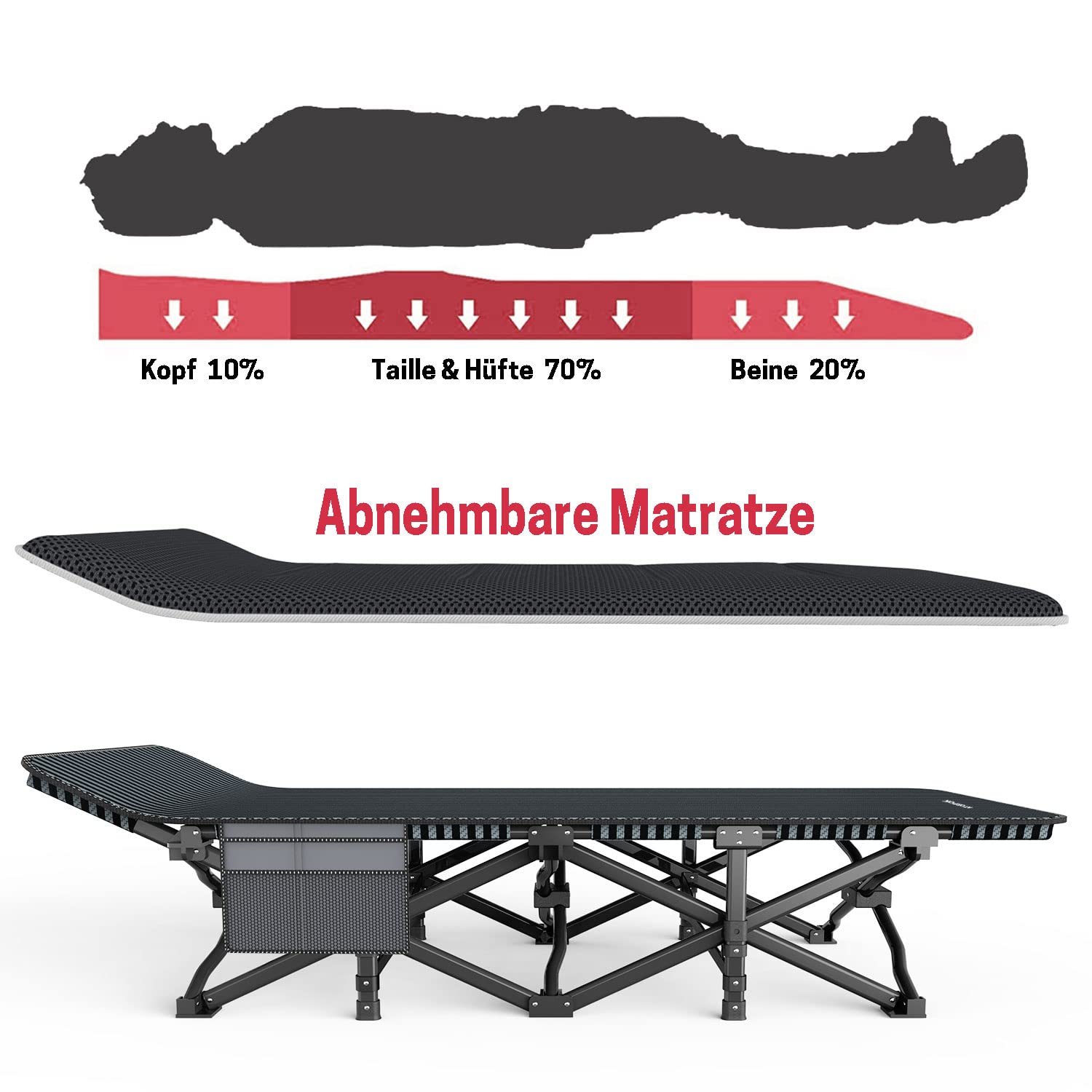 ATORPOK SHOP Campingbett feldbett klappbar, Faltbar Gästebett bis 200 kg für, Belastbar Tragbar Tasche Liege Reise Bequem