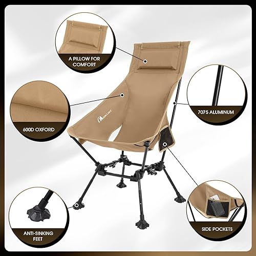 Miniatura 7 de MOON LENCE Sillas de camping plegables con respaldo alto, silla de playa de altura ajustable con pies antideslizantes y asiento ampliado (caqui)