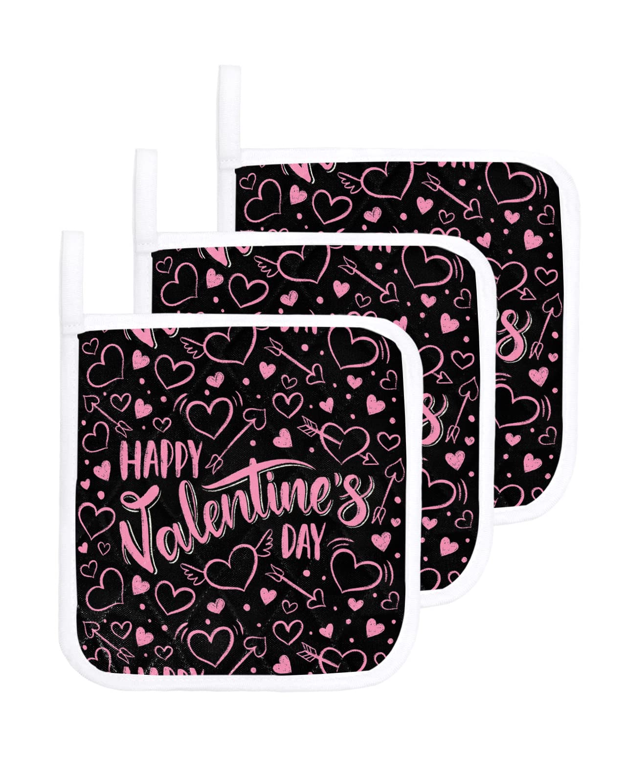 3 Packs Valentine's Day Pot Holders Sets for Kitchen,Oven Pan Plate Bowl Pads Heat Proof Mat with Hanging Loop,Thick Terry Cloth Potholders Soft Grip for Cooking Baking Pink Black Romance Love Heart