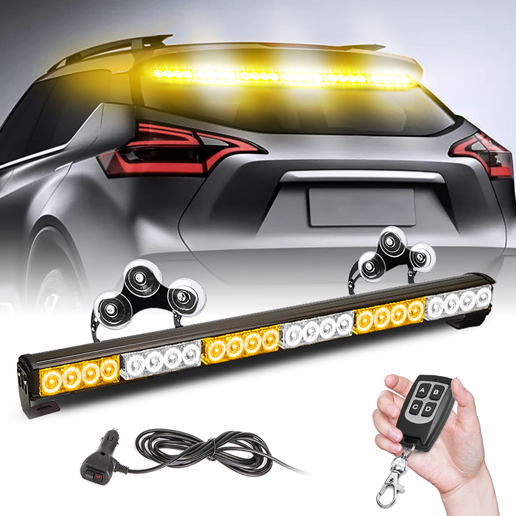 Photo 1 of TeddyTT Emergency Strobe Lights Bar Directional Traffic Advisor Warning Strobe Flash Visor Lights for Vehicles Trucks Suction Bracket 27 Inch 6 Panel Led Wireless Remote Control Amber and White