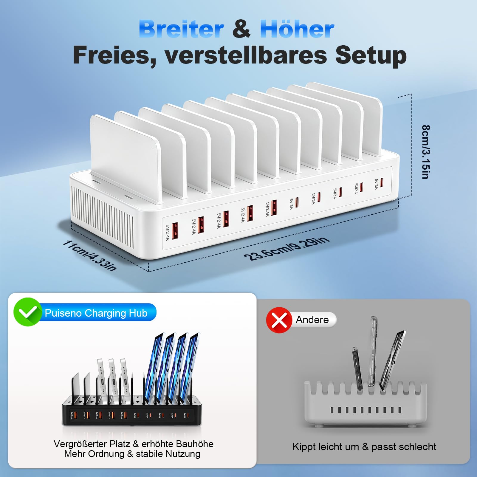 100W USB Ladestation Mehrfach, 10-Port USB C Ladegerät Mehrere Geräte mit verstellbaren Trennwänden Schnellladestation für iPhone, iPads, Tablets und andere Geräte (mit 10 Ladekabeln) Weiß