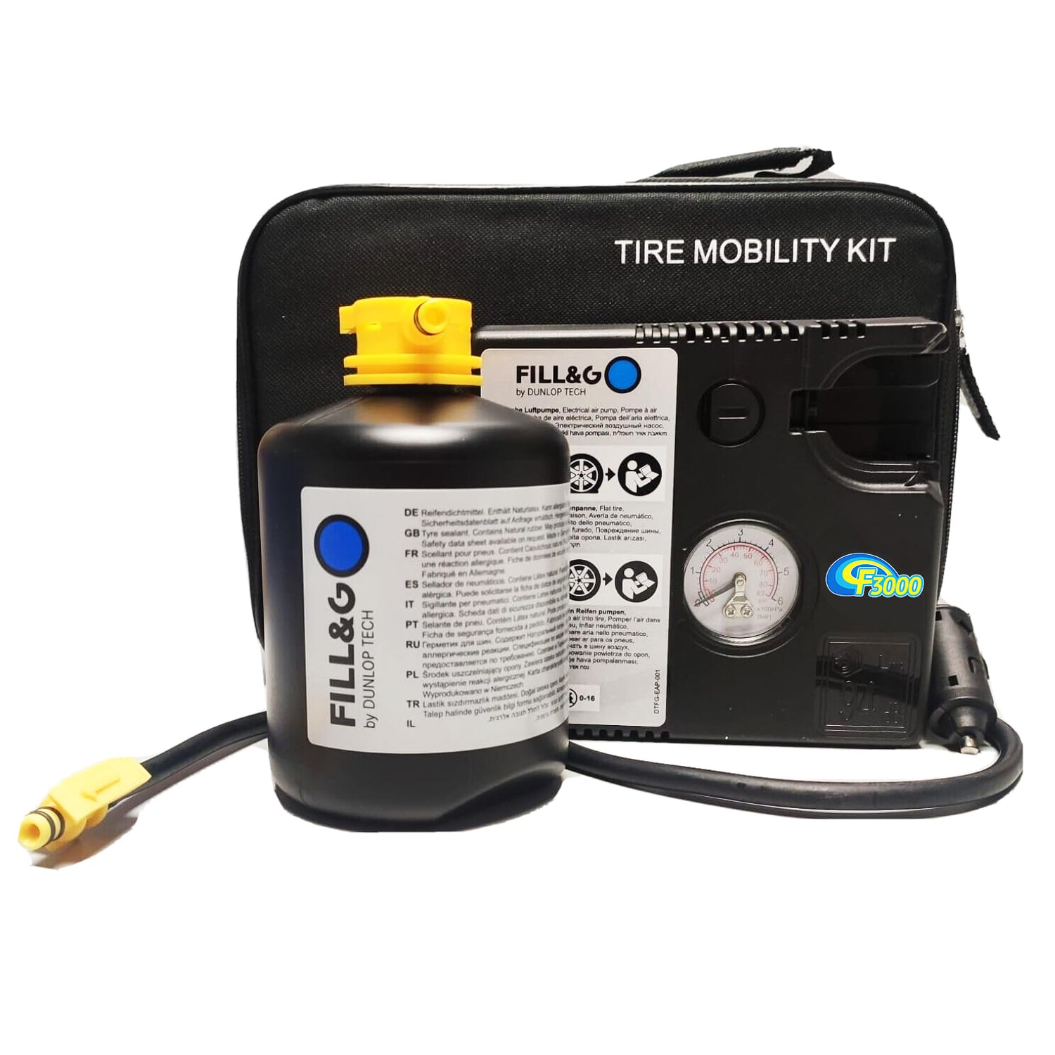 Generico Sistema di Riparazione Pneumatici Fill&Go by Dunlop Tech, Set gonfia e ripara con Liquido Sigillante d'Emergenza, Pompa Elettrica (450 ML)