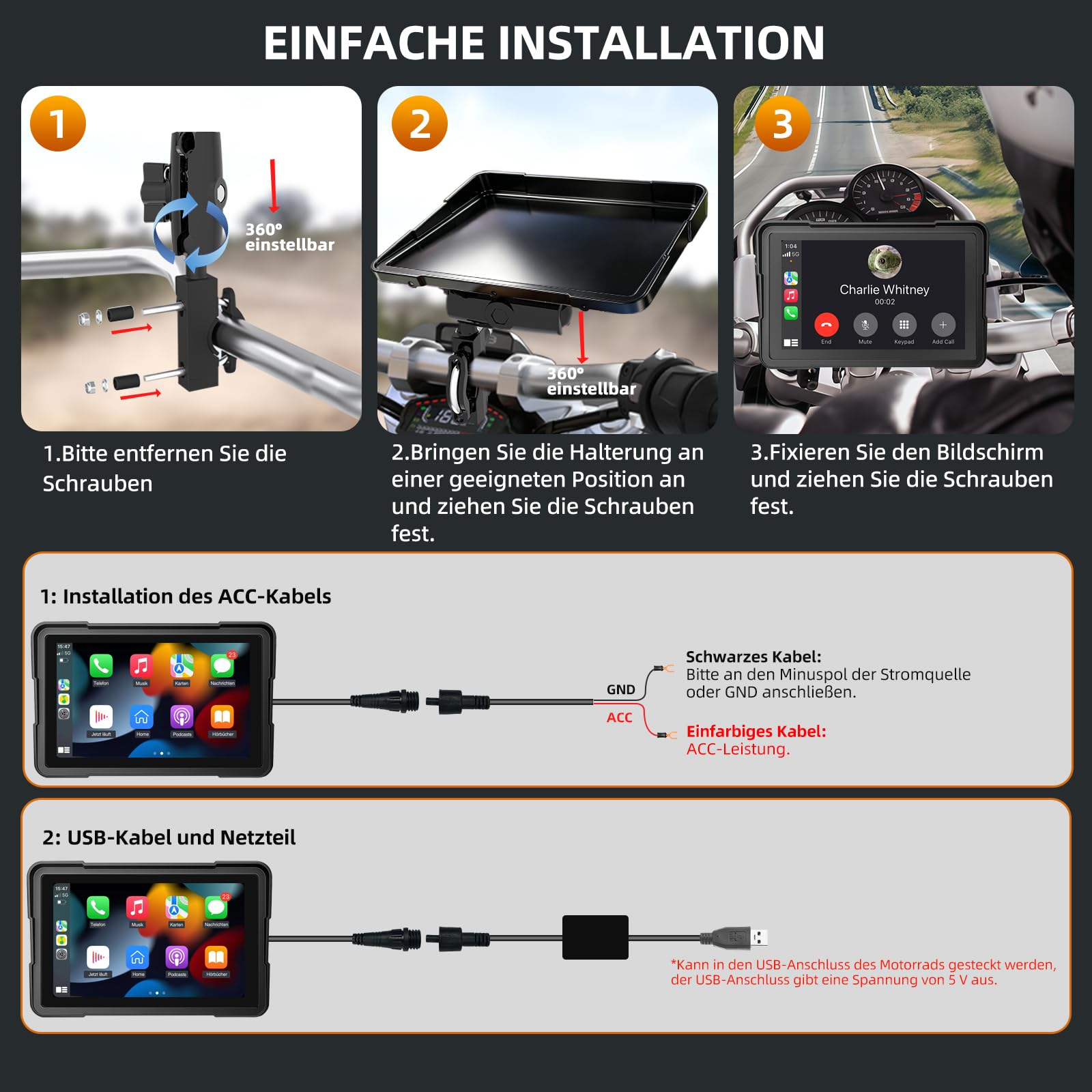 7 Zoll Motorrad Display mit Wireless CarPlay & Android Auto, 1000 Nits Helles Motorrad Navi Touchscreen, IP67 Wasserdicht, Dual-Stromversorgung (Acc/USB), Sprachsteuerung für Navigation & Musik