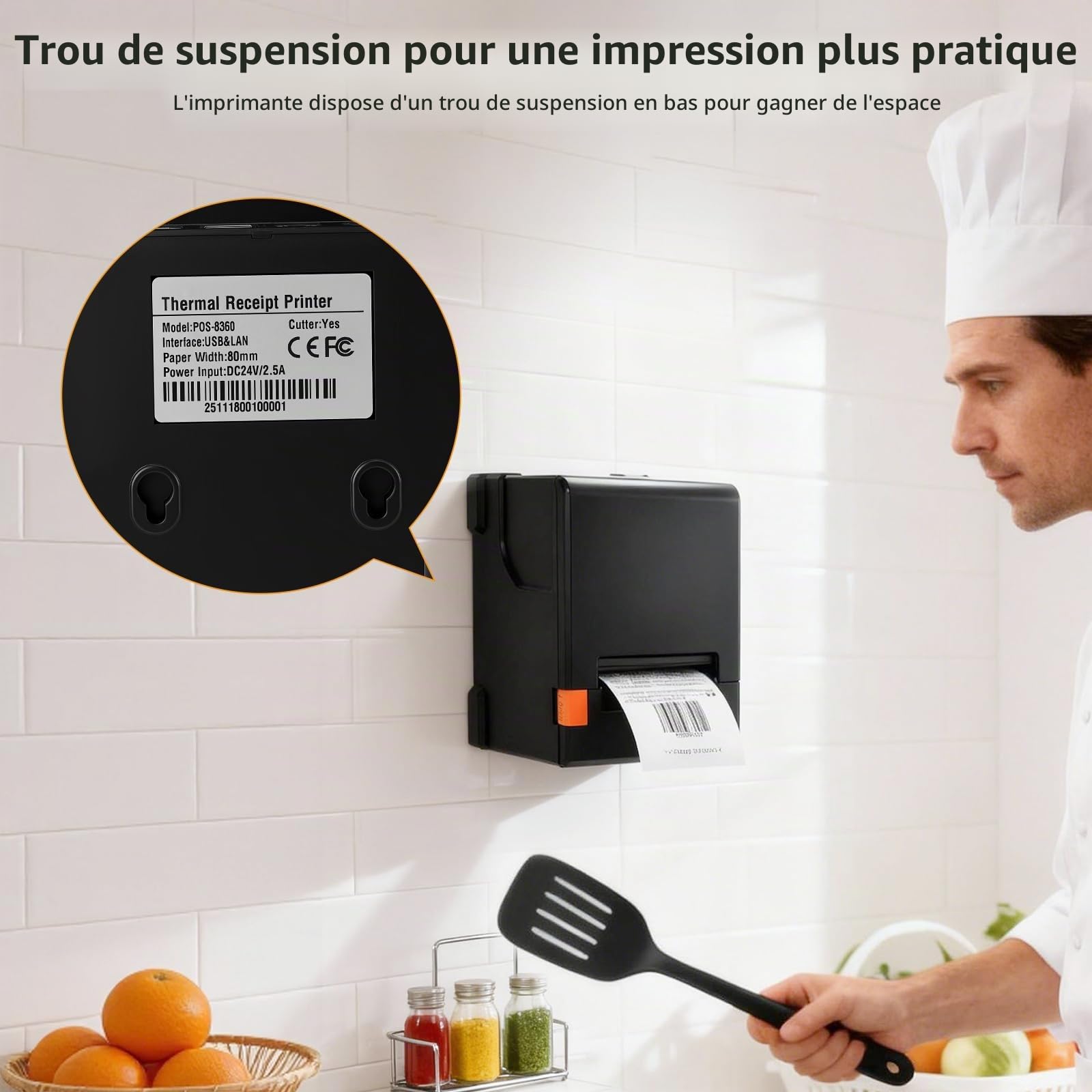 Imprimante, Thermique Mini Imprimante Sans Cartouche Reçus Point Vente USB 80Mm Avec Coupe-Papier Automatique Prise Charge Tiroirs-Caisses Interface USB/Ethernet Compatible Windows/Mac/Linux ESC/POS
