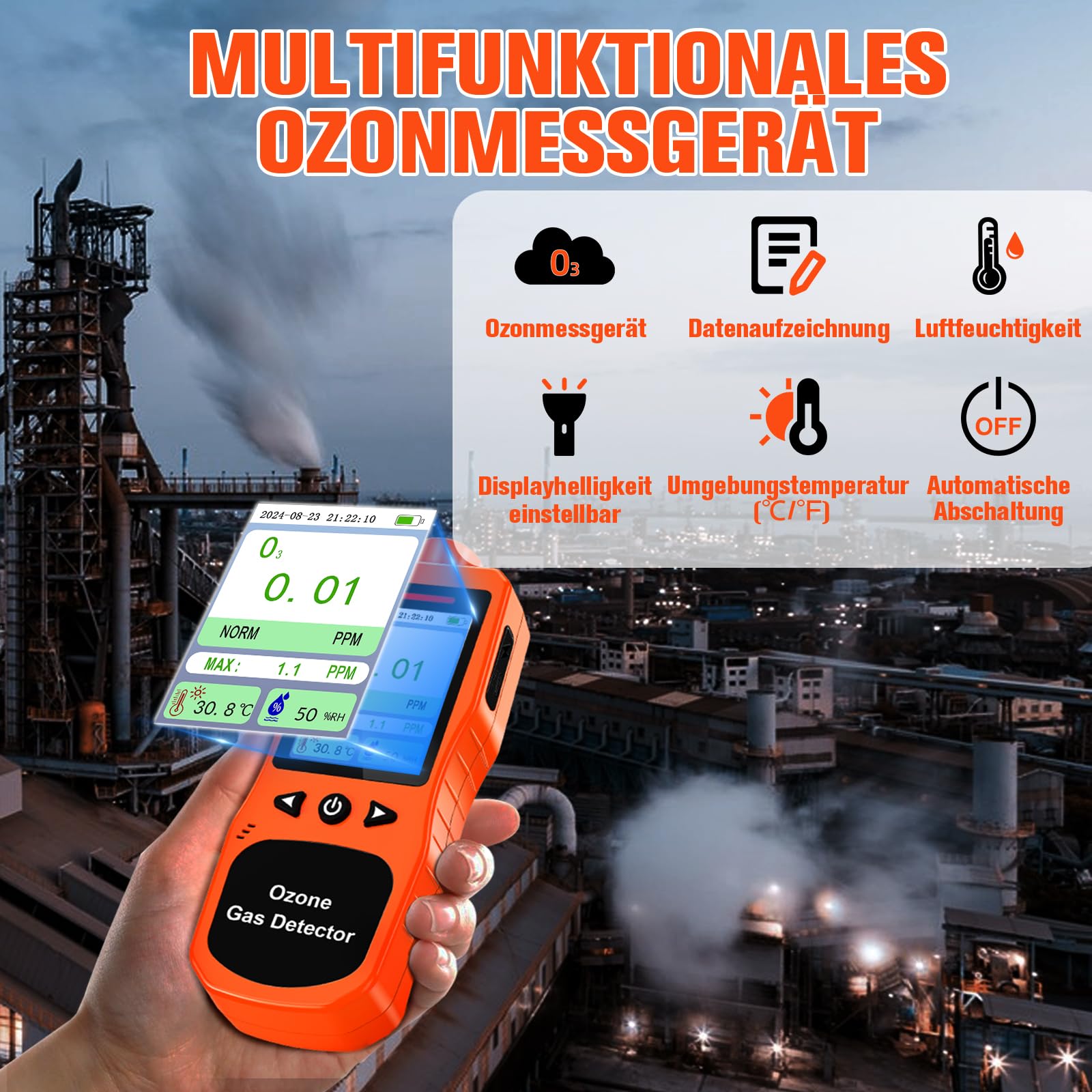 Tragbarer Ozondetektor, 0-20PPM Ozonmessgerät mit 0,01 PPM hoher Auflösung, Ozonanalysator mit Alarmfunktion, O3 Luftqualitätsmessgerät mit Temperatur und Feuchtigkeitsprüfer, Orange