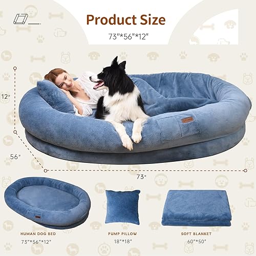 Miniatura 4 de Cama humana para perros adultos, tamaño ortopédico lavable, de 73 x 56 x 12 pulgadas, piel sintética extraíble, acogedor regalo grande con manta y